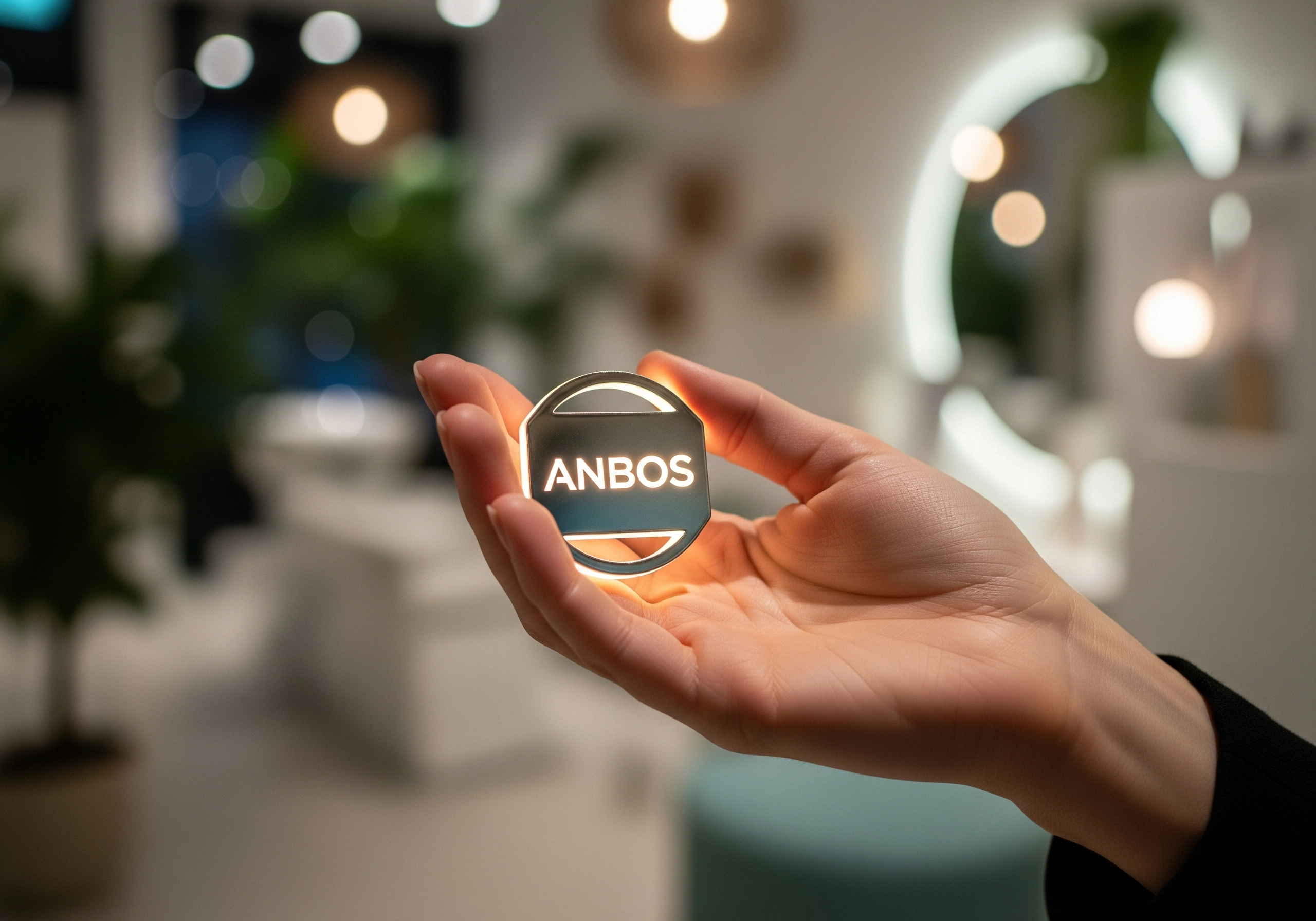 Hand holding a glowing 'ANBOS' sign, representing a beauty salon association or standard.
