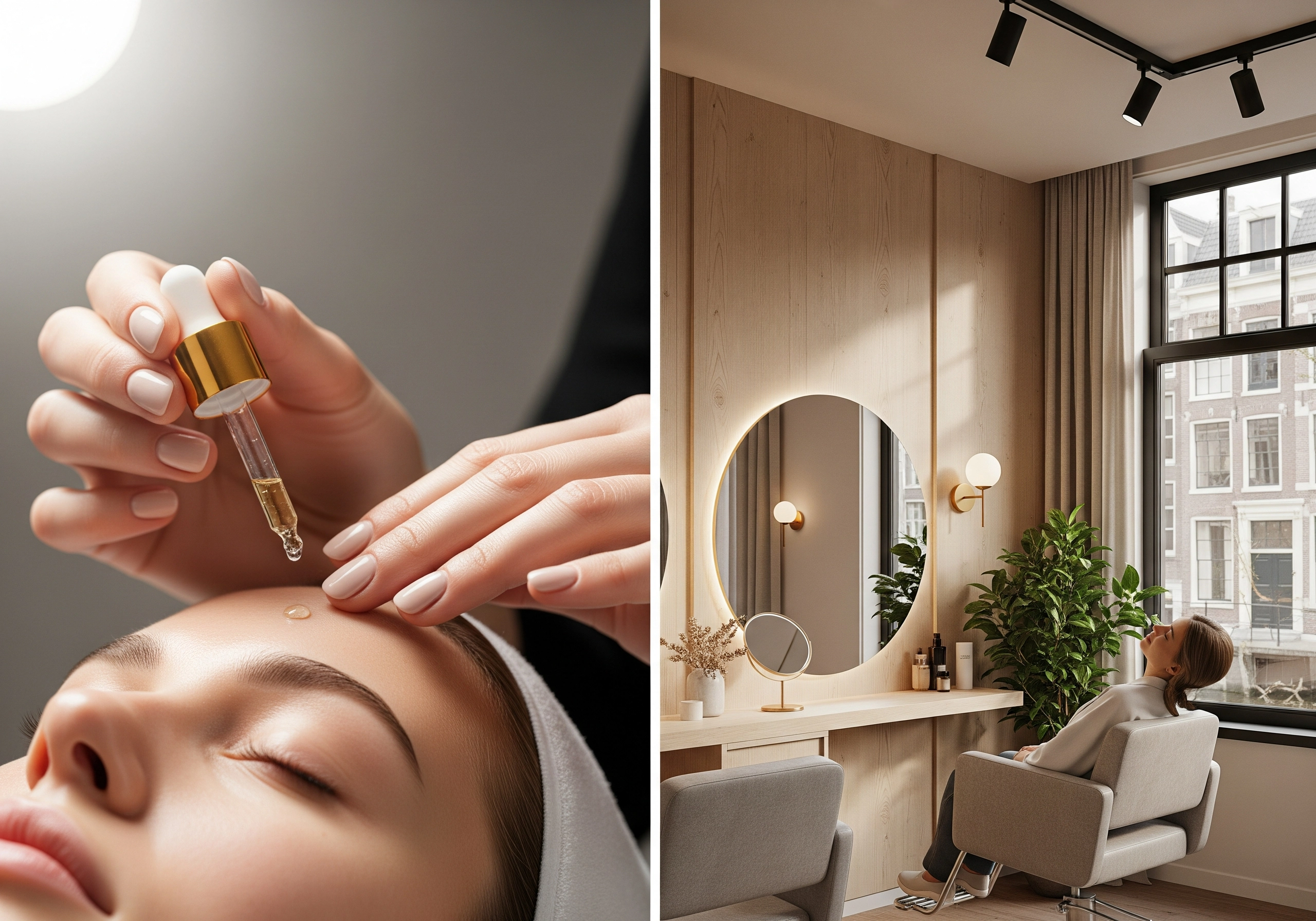 Close-up of beautician applying serum to a client's face at an Amsterdam beauty salon. Interior of hair salon with client relaxing in chair.