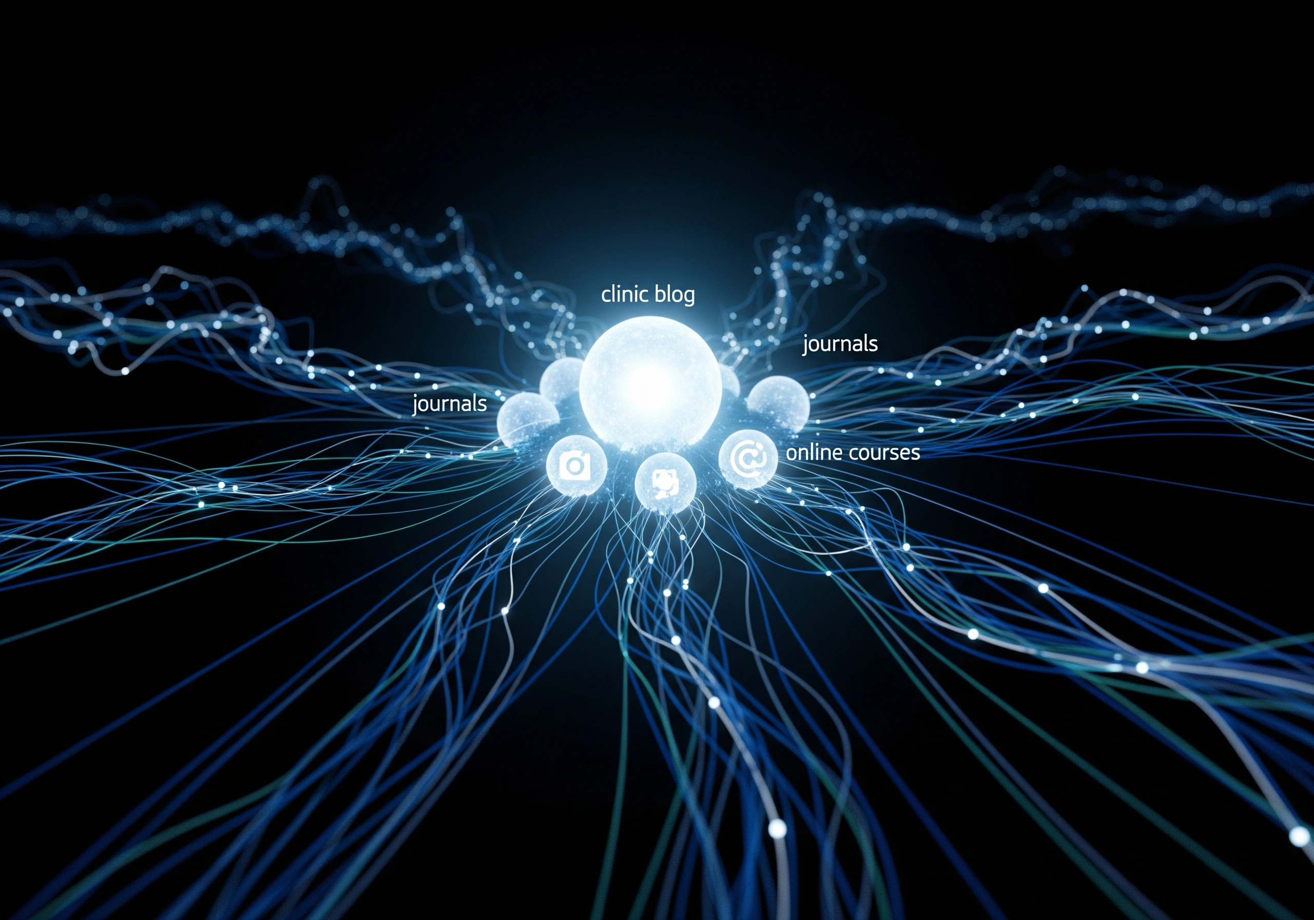 Glowing nodes connected by streams of light, including 'clinic blog'.