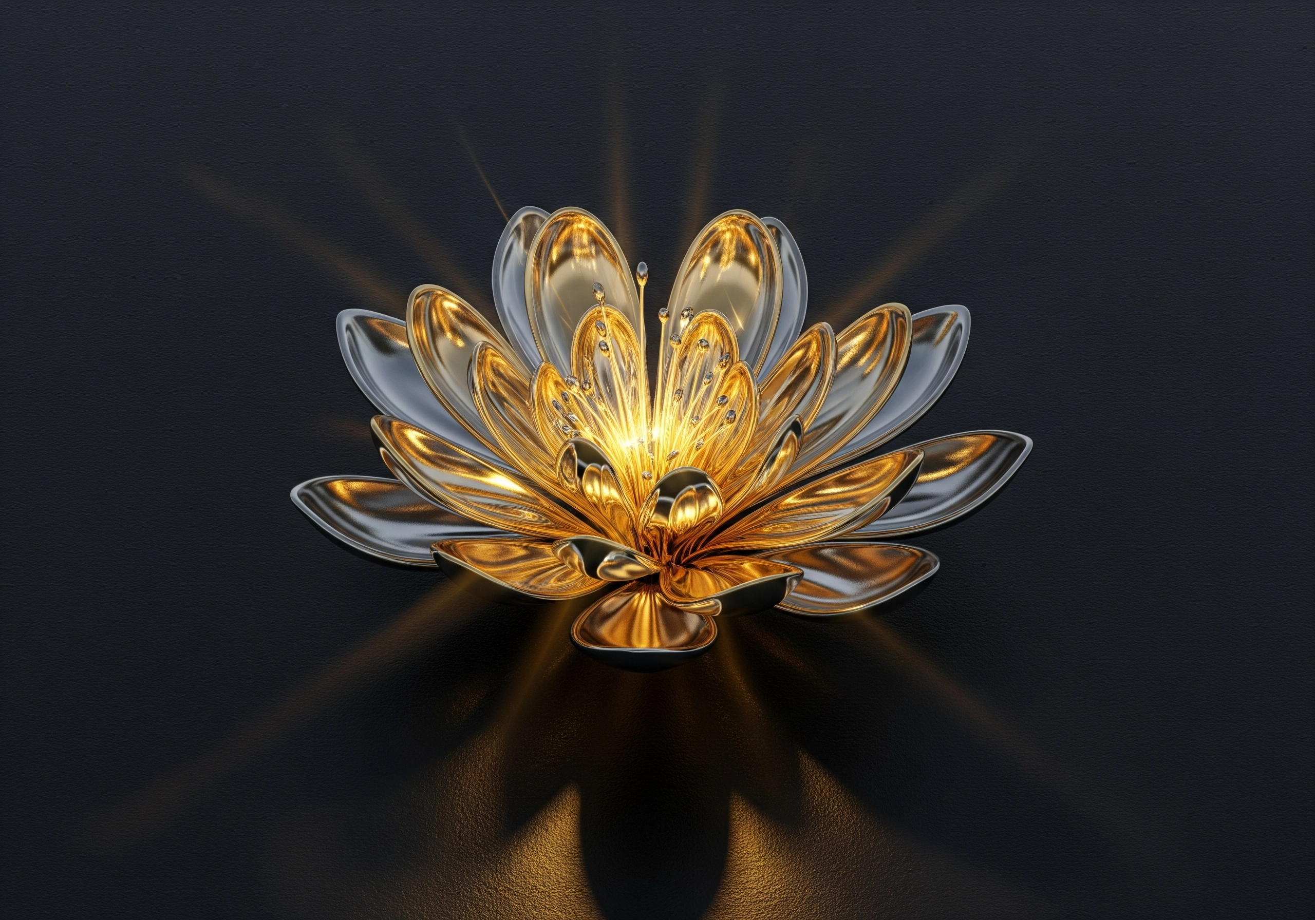 Decorative gold and silver lotus flower on a dark background.