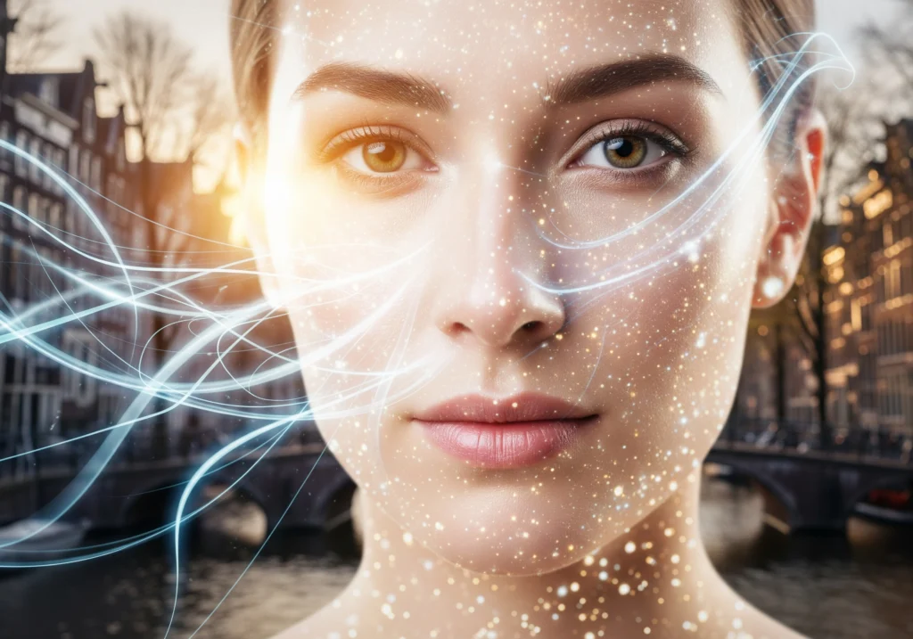 Woman's face with glowing skin and Amsterdam canal background, representing skin rejuvenation in Amsterdam.