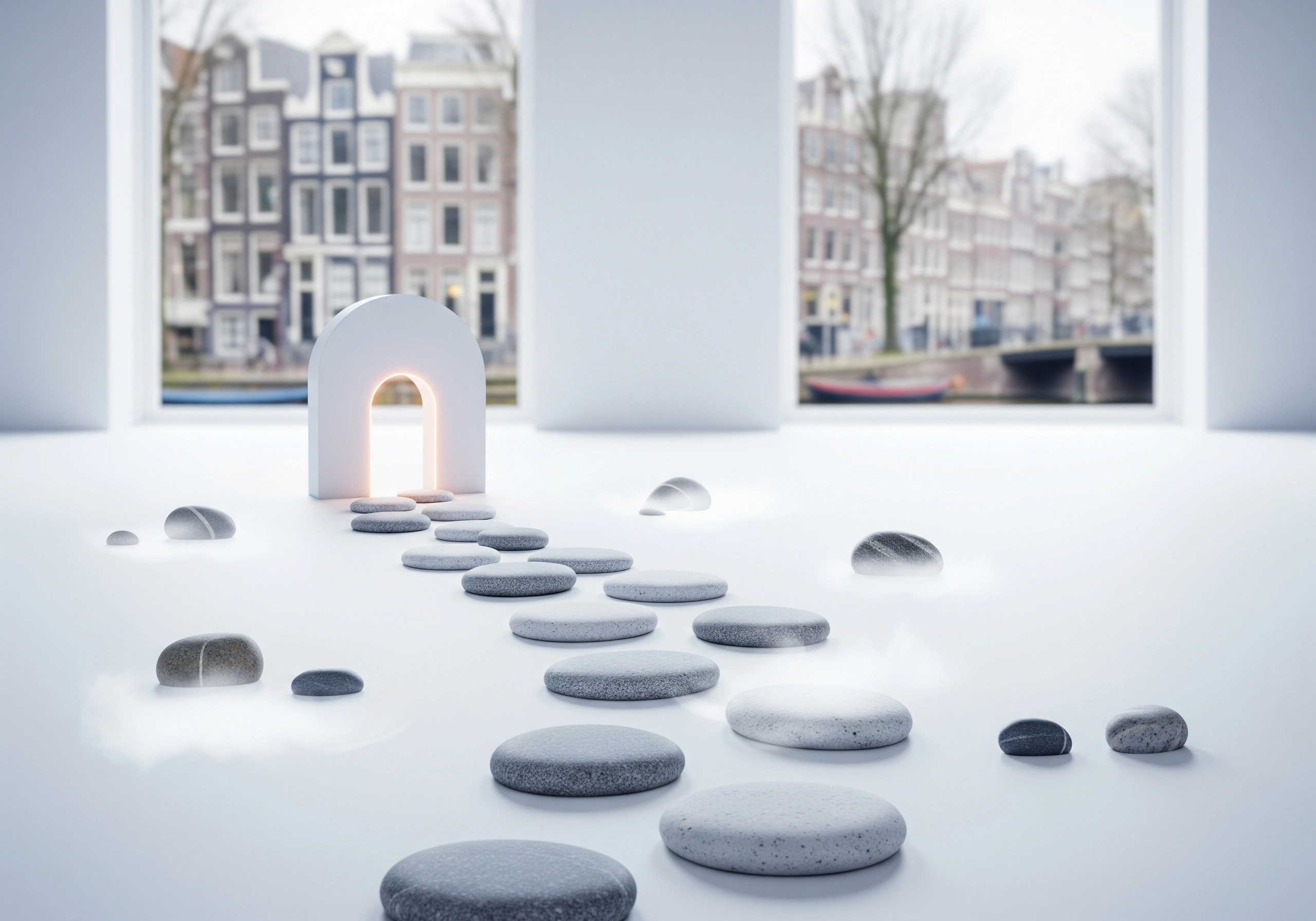 Stepping stones leading to archway, Amsterdam canal view through window.