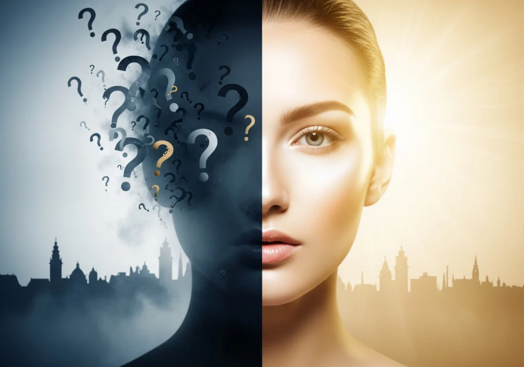 Woman's face split: left side with question marks, right side clear, symbolizing carbon peel myths.