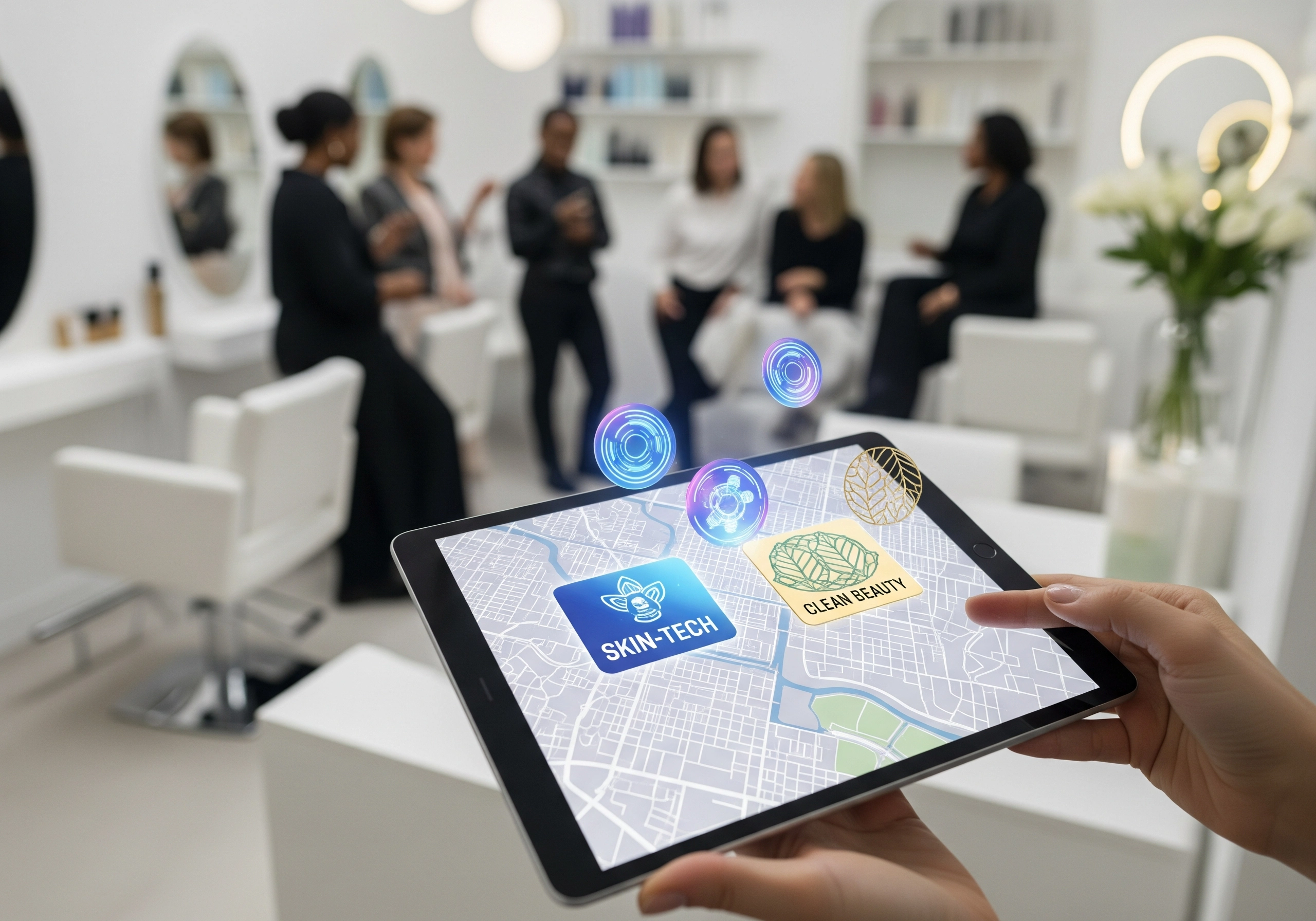 Tablet showing map overlaid with skin-tech icons inside a beauty studio Amsterdam.