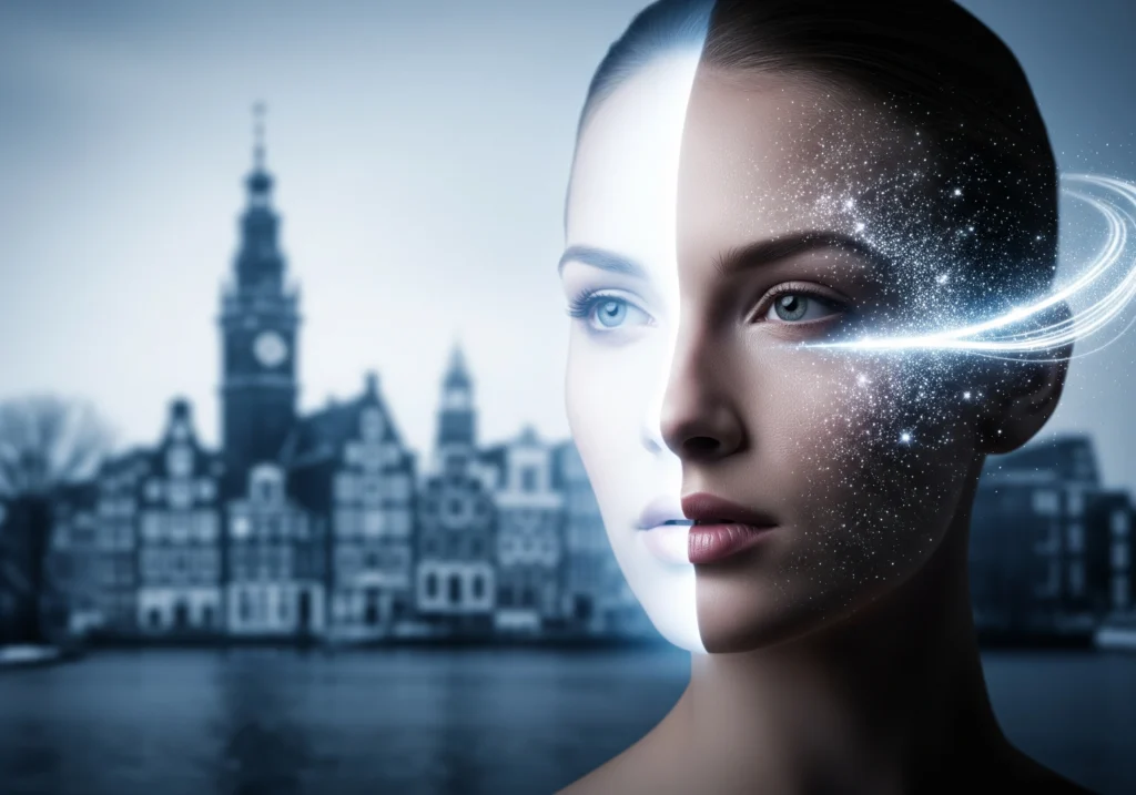 Woman's face with skin rejuvenation effect over Amsterdam cityscape. Carbon peel Amsterdam.