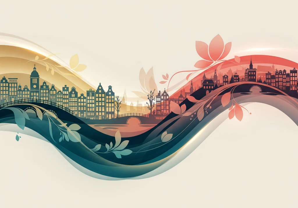 Stylized Amsterdam cityscape with canals, buildings, and floral accents.