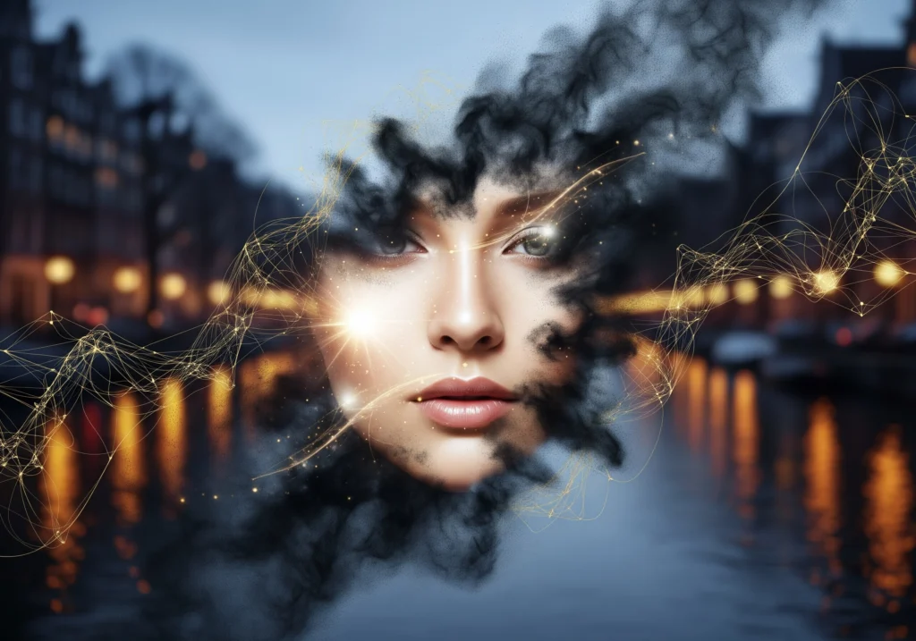 Woman's face with carbon peel effect, Amsterdam canal background, conceptual skin rejuvenation.