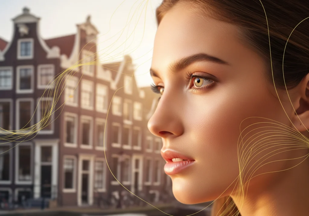 Woman's profile in Amsterdam with gold accents, promoting beauty salon in Amsterdam.