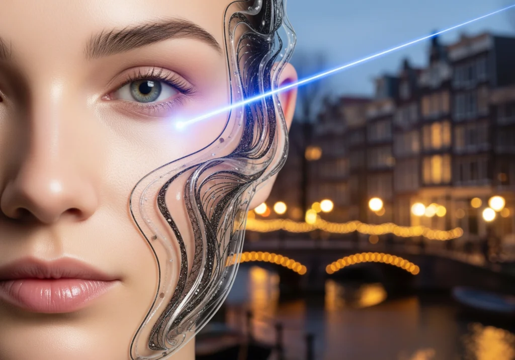 Close up of woman's face with carbon peeling laser in Amsterdam.