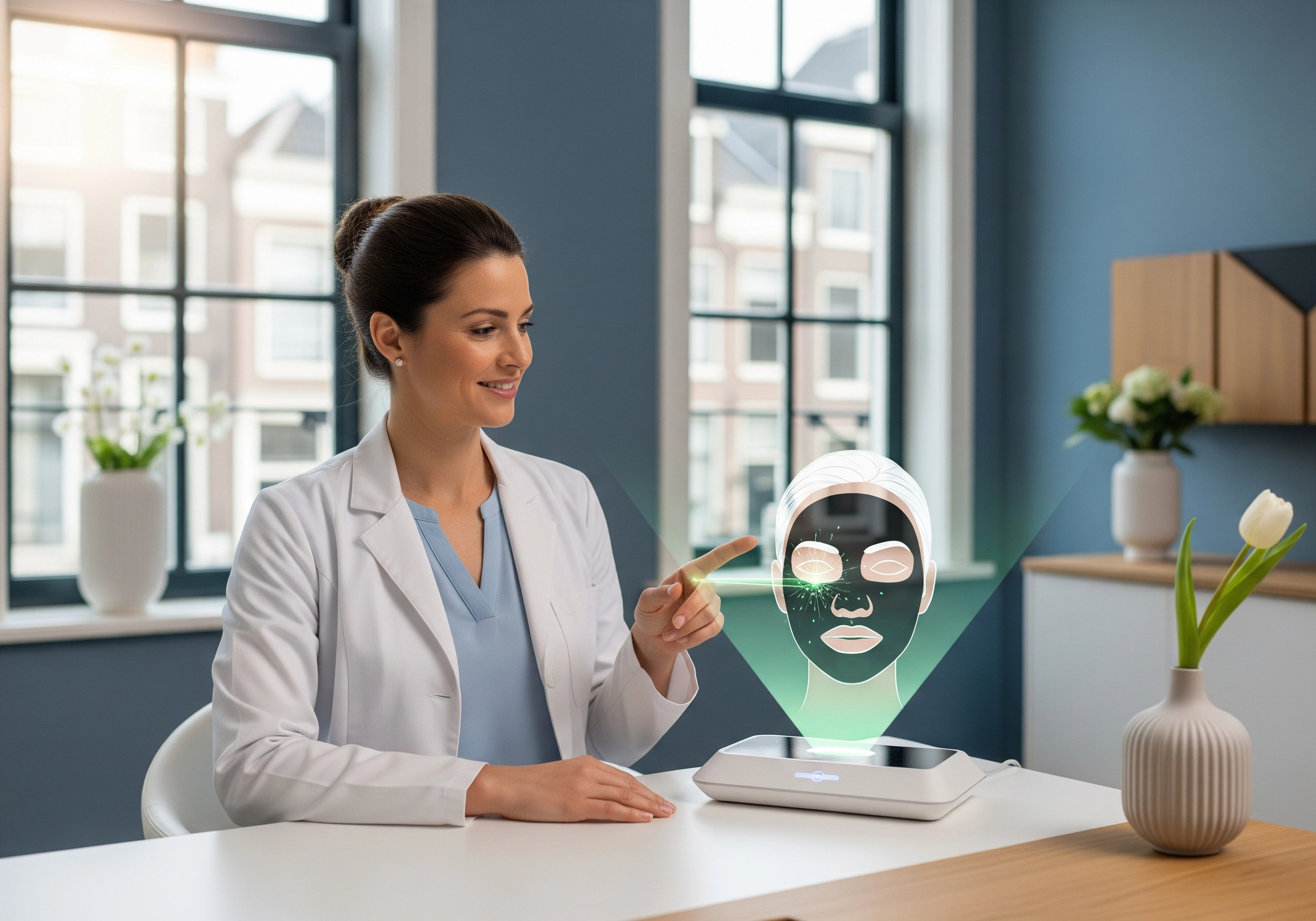 Woman demonstrates carbon peel facial using futuristic hologram display.