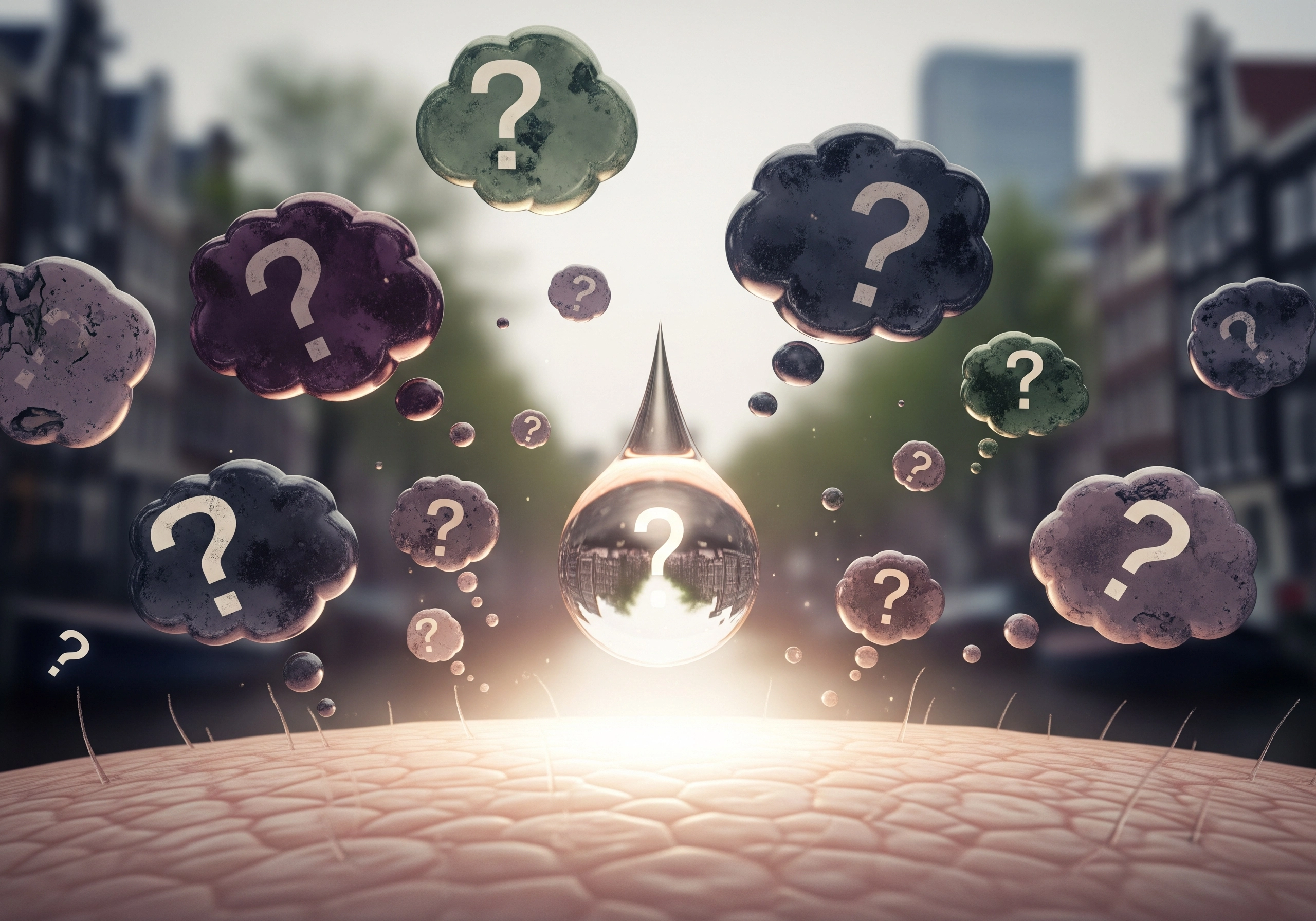 Question marks surround a water droplet reflecting Amsterdam, representing carbon peel myths.