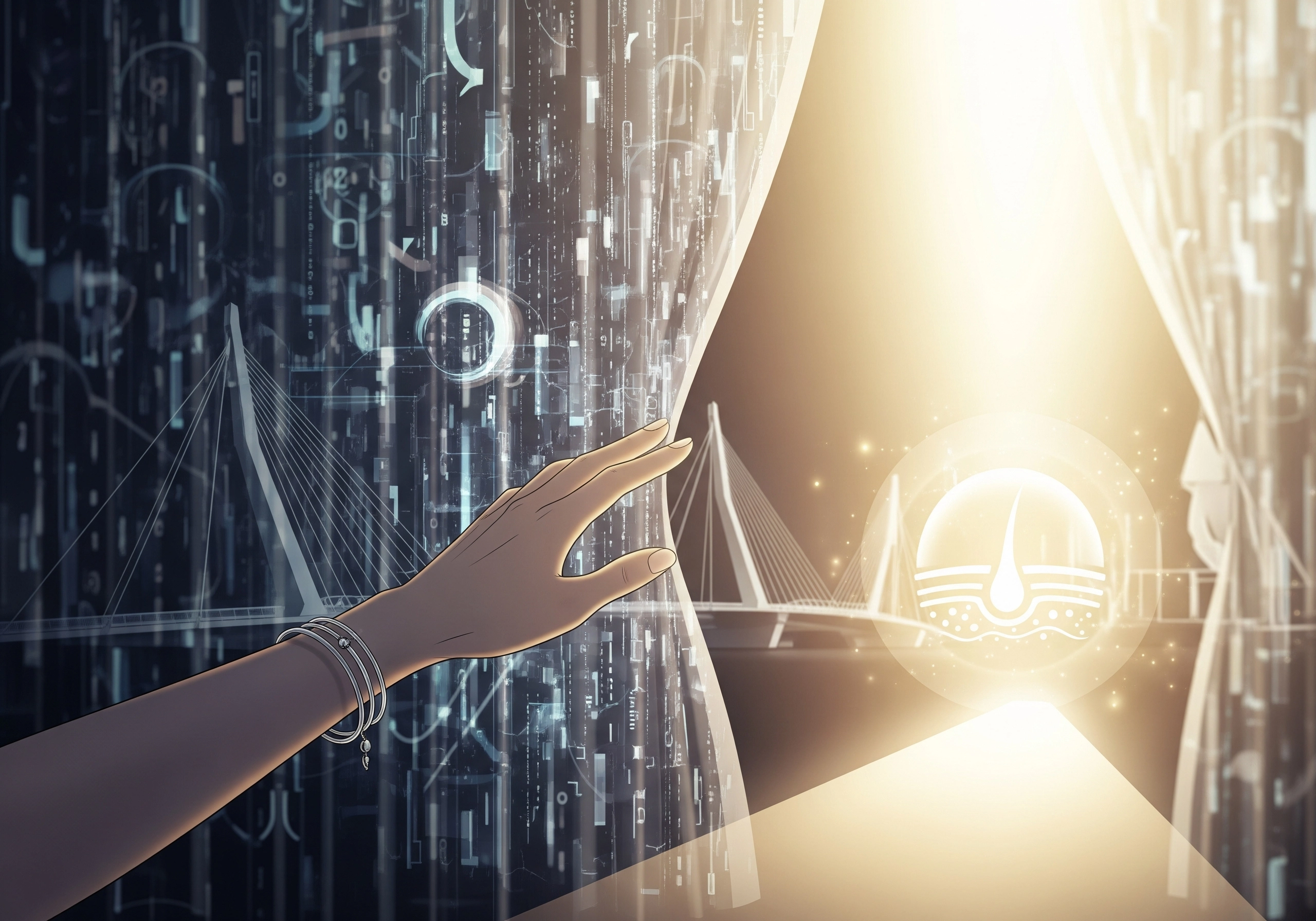 Illustration of a hand revealing Amsterdam bridge with skin treatment symbol.