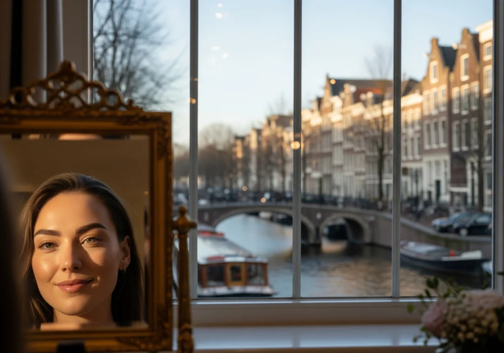 Woman's reflection in a mirror, with an Amsterdam canal view outside the window.