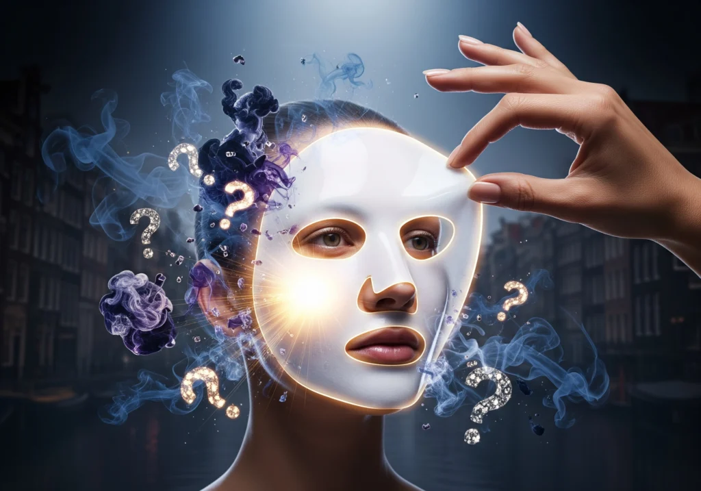 Woman's face with a carbon peel mask being lifted, surrounded by question marks, concept for carbon peeling Amsterdam myths.