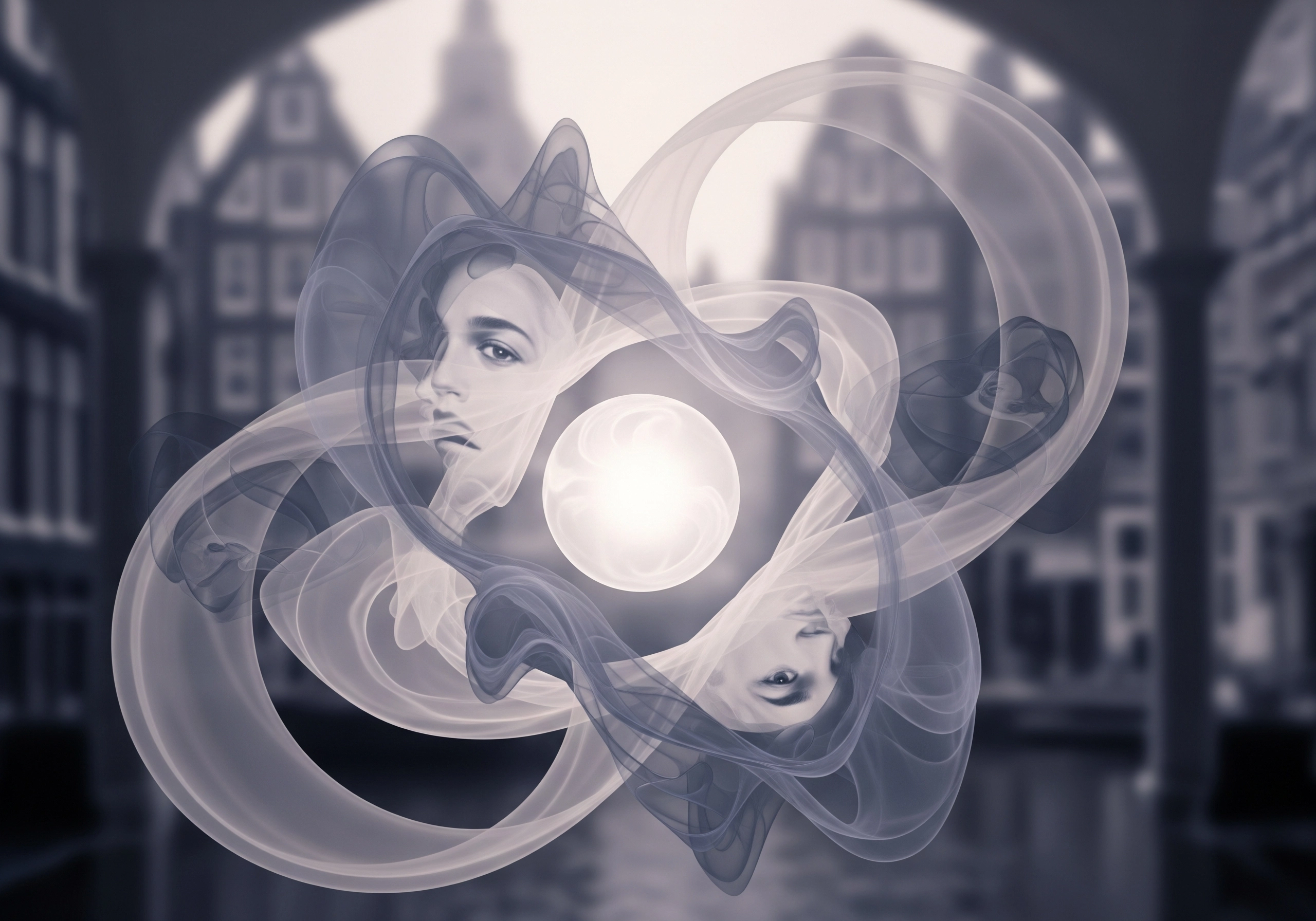 Abstract swirling faces and Amsterdam building backdrop, symbolizing skin rejuvenation Amsterdam.
