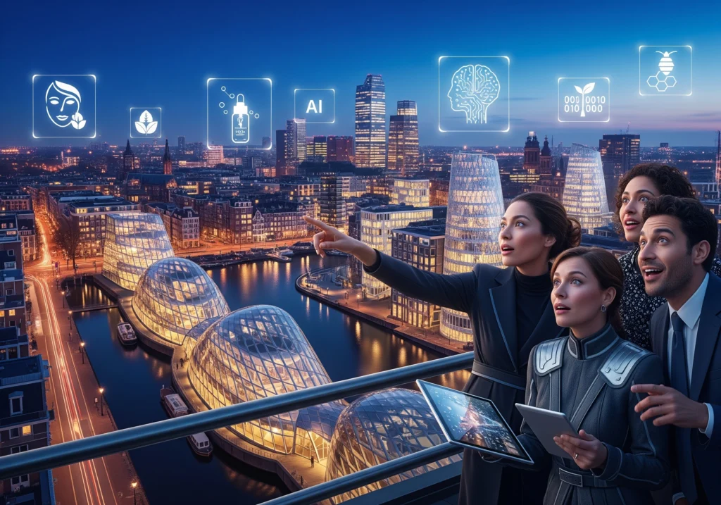 Group looking over Amsterdam skyline with beauty treatment icons, envisioning 2026 beauty trends.