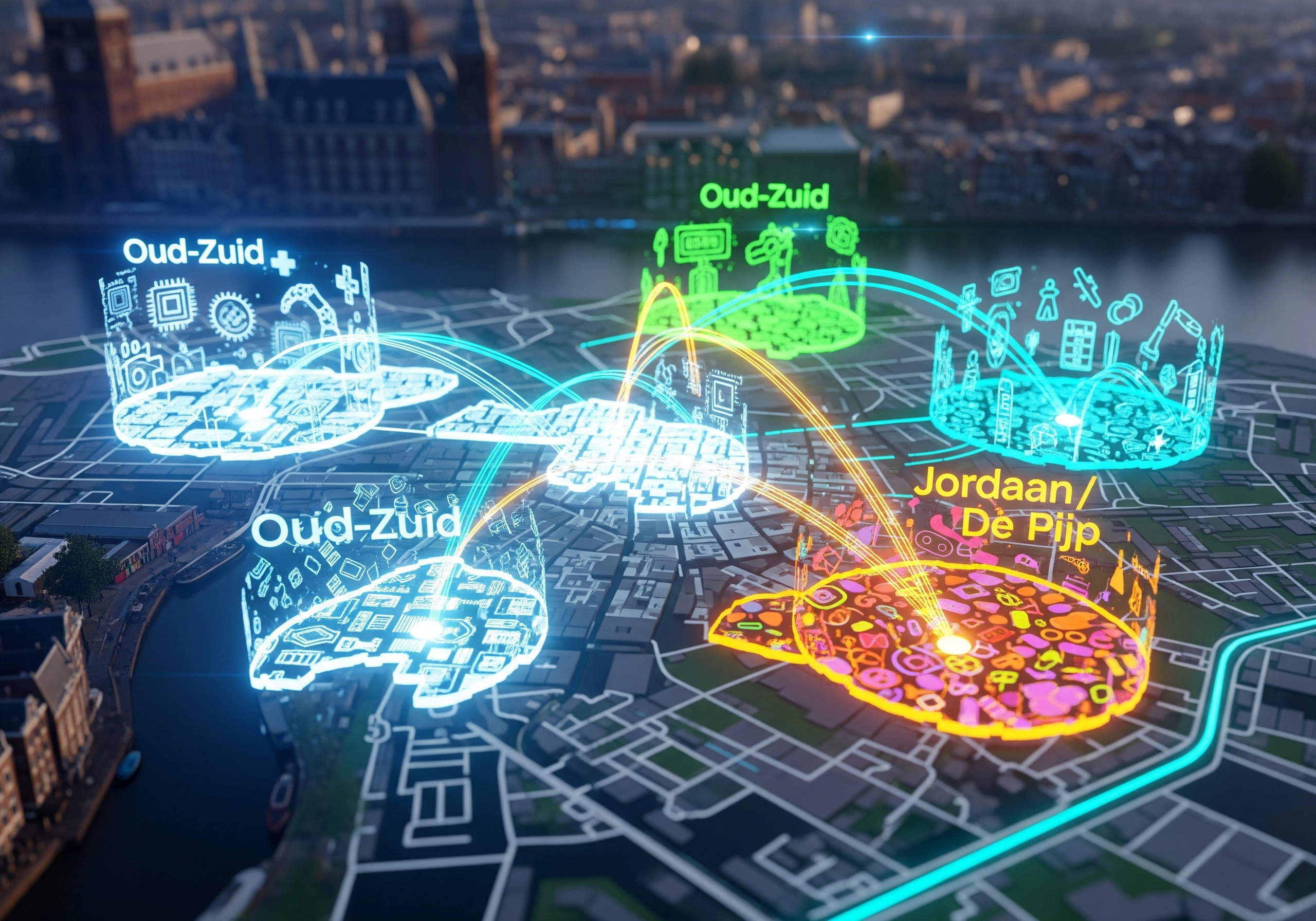 Amsterdam map with glowing markers over Oud-Zuid and Jordaan/De Pijp neighborhoods.