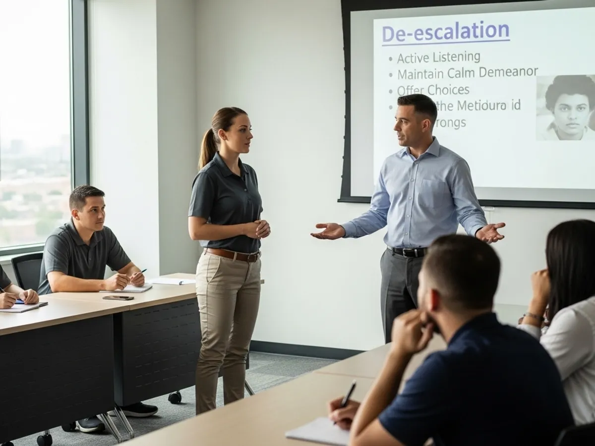 Man presenting de-escalation techniques to colleagues in a conference room.