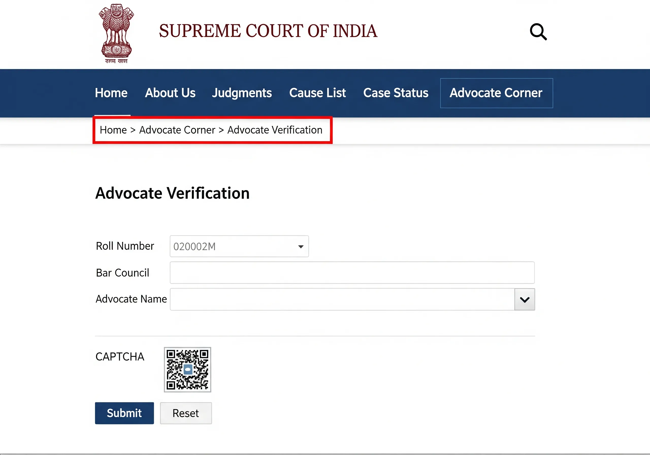 Supreme Court of India website page for Advocate Verification