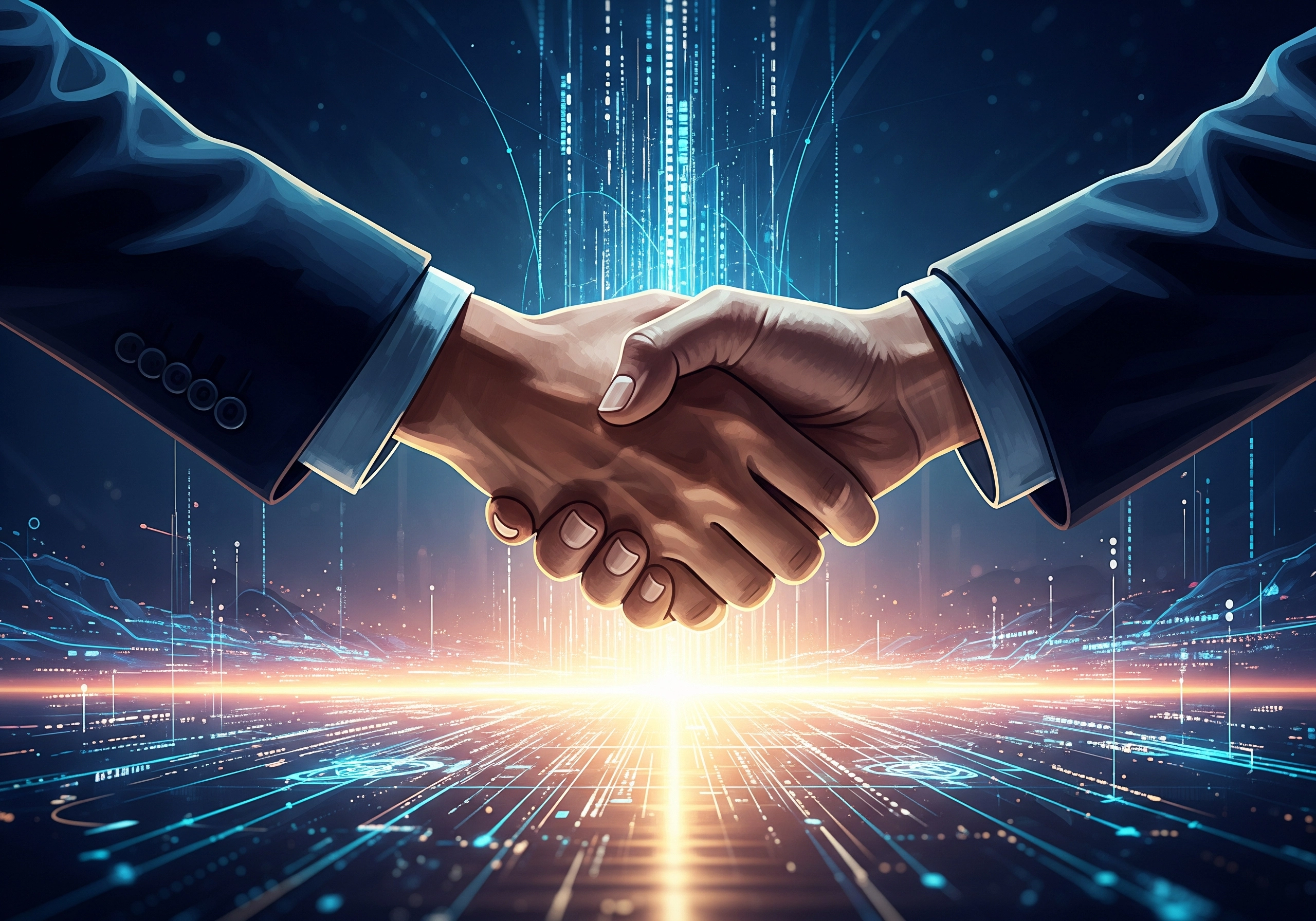 Business handshake with a digital network background, symbolizing a partnership.