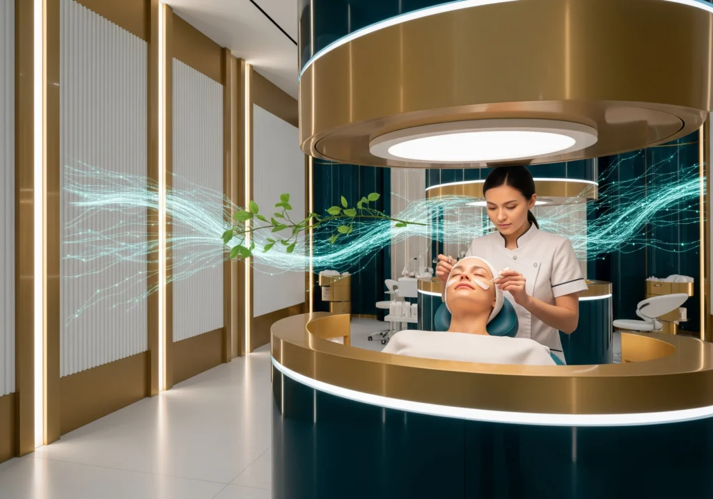 Beautician applying beauty treatment to client in a luxury beauty salon in Amsterdam.