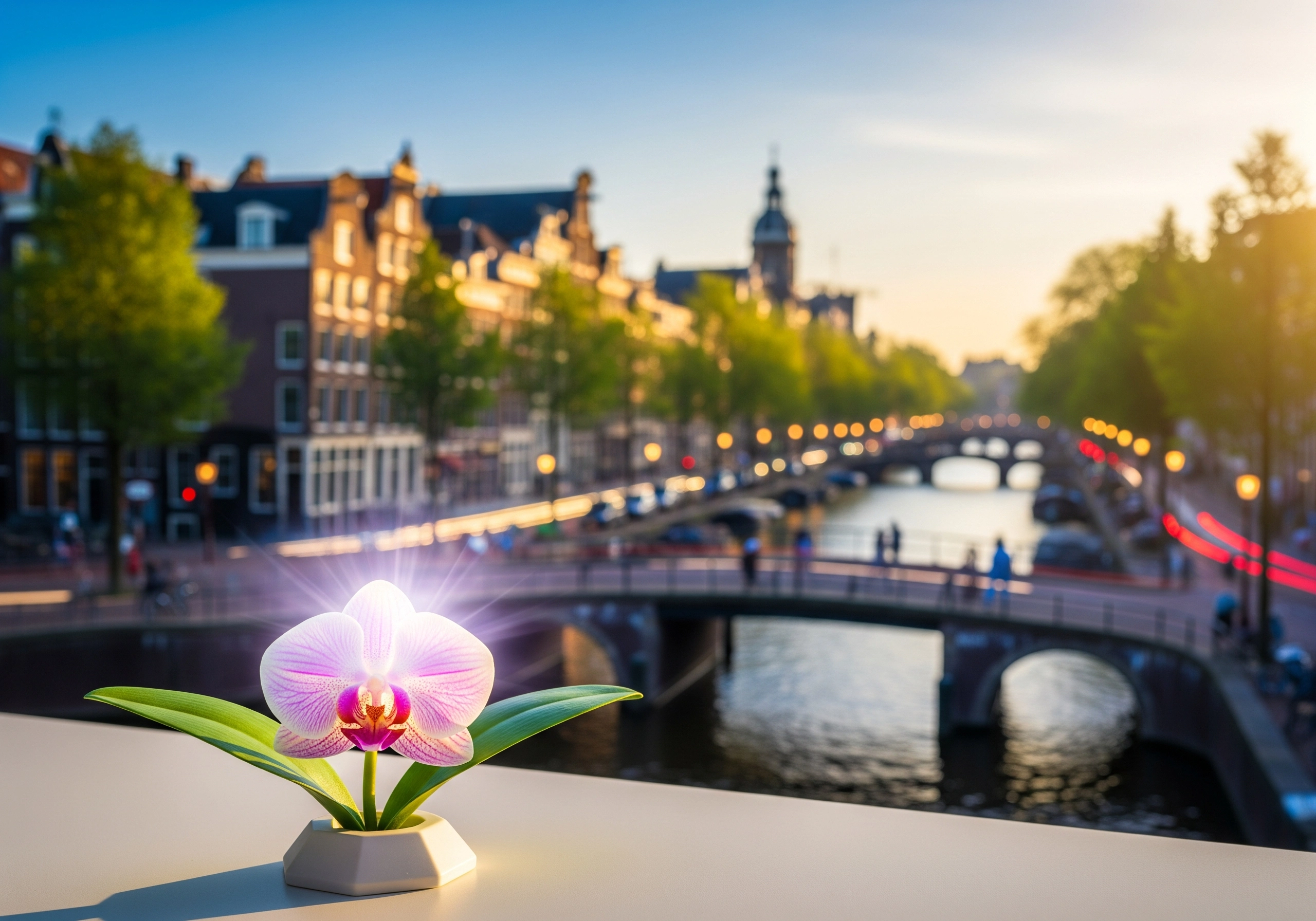 Pink orchid with Amsterdam canal and architecture in background during sunset.