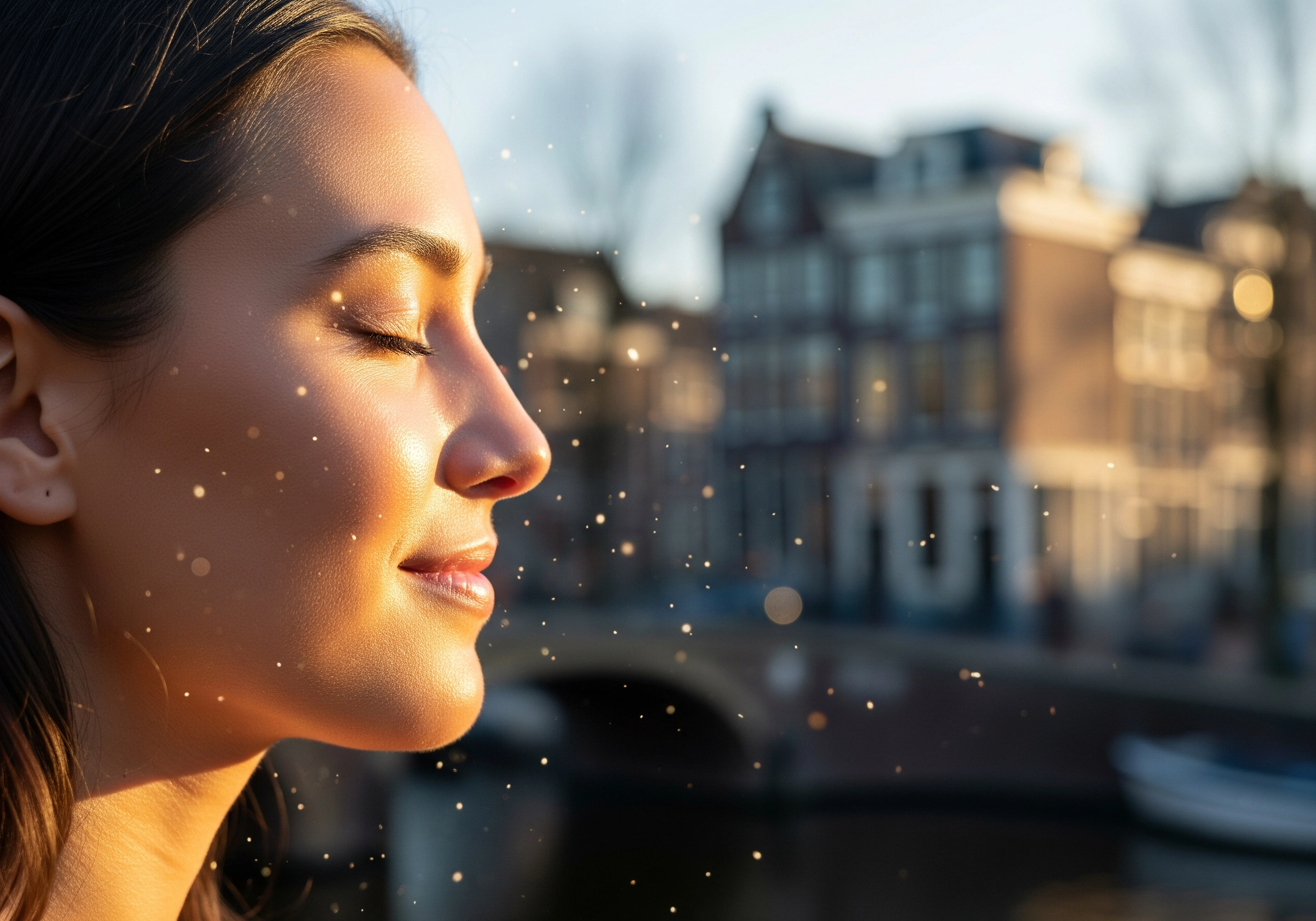 Woman with closed eyes enjoying sunlight, Amsterdam buildings in the background.