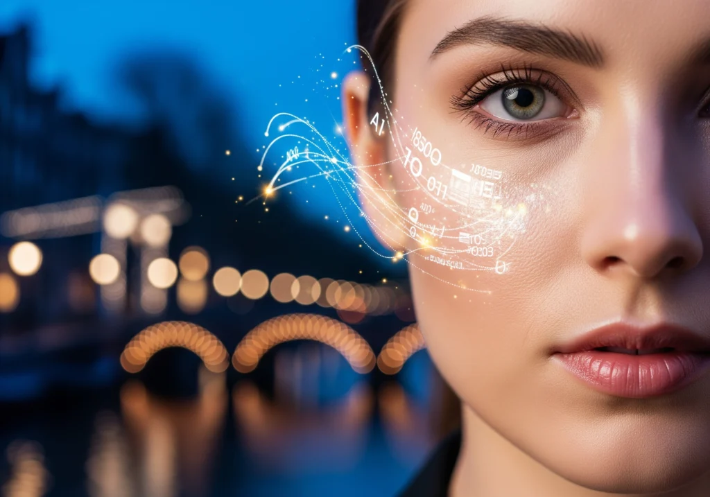 Woman's face with digital overlay, representing carbon laser facial in Amsterdam.