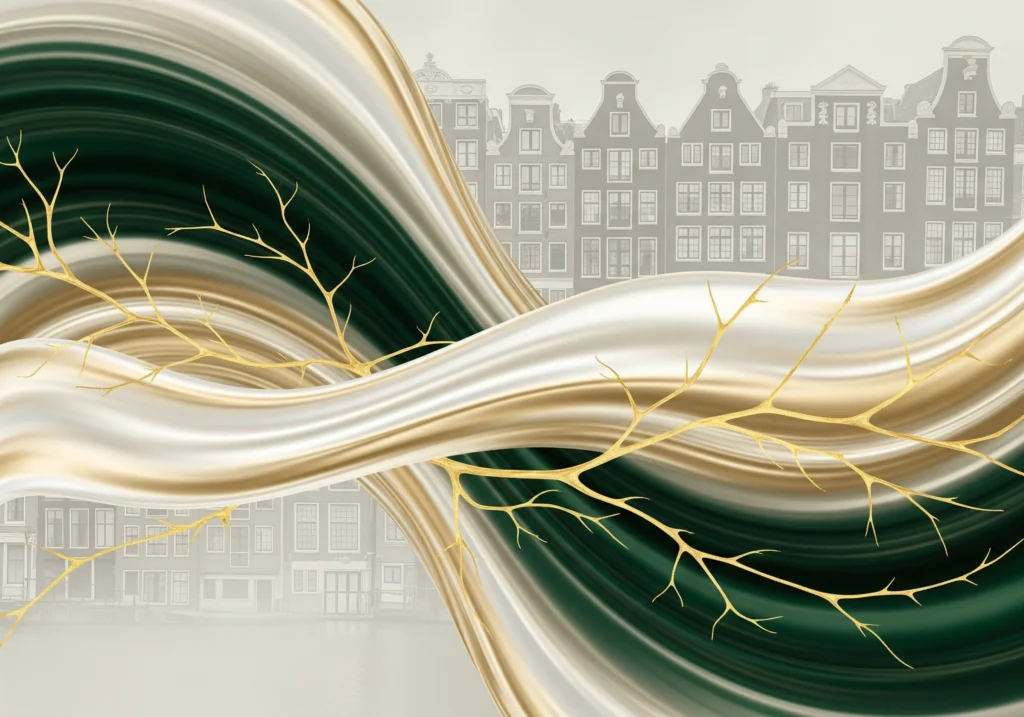 Abstract Amsterdam canal houses with gold and green swirls