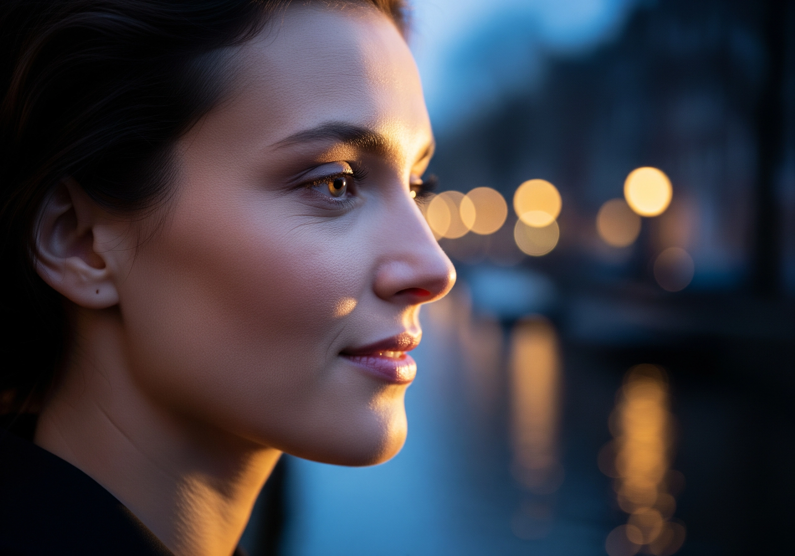 Woman's profile in Amsterdam with bokeh lights, representing beauty in Amsterdam