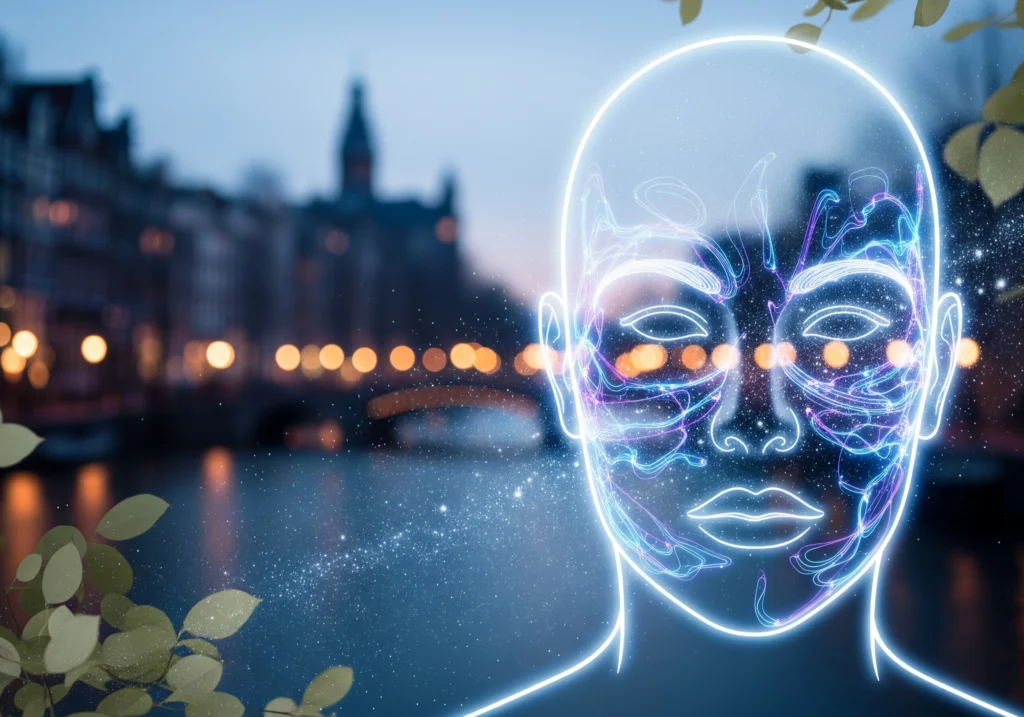 Neon face outline with canals of Amsterdam, representing carbon peeling in Amsterdam.