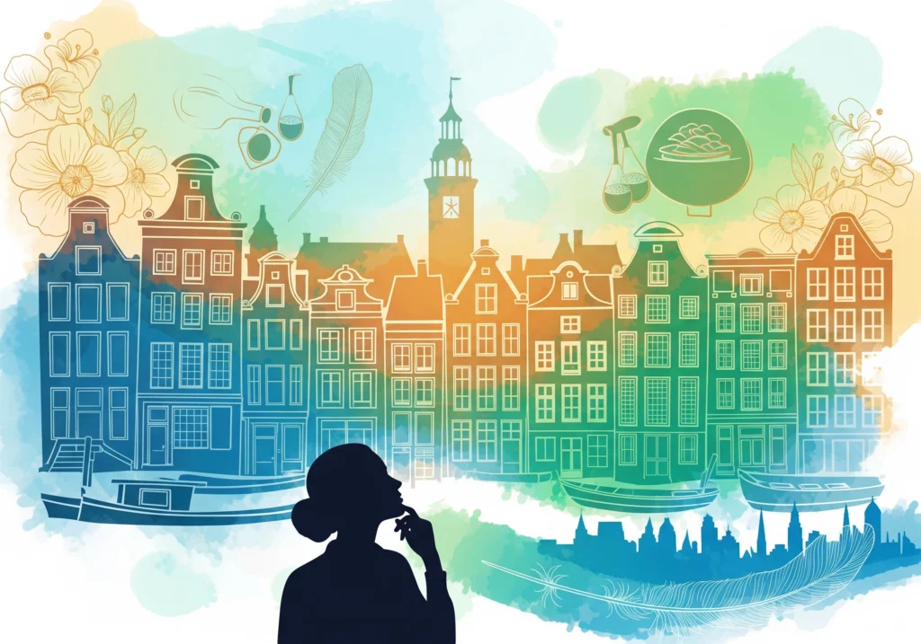 Amsterdam canal houses with beauty icons and a woman's silhouette contemplating best beauty salon Amsterdam