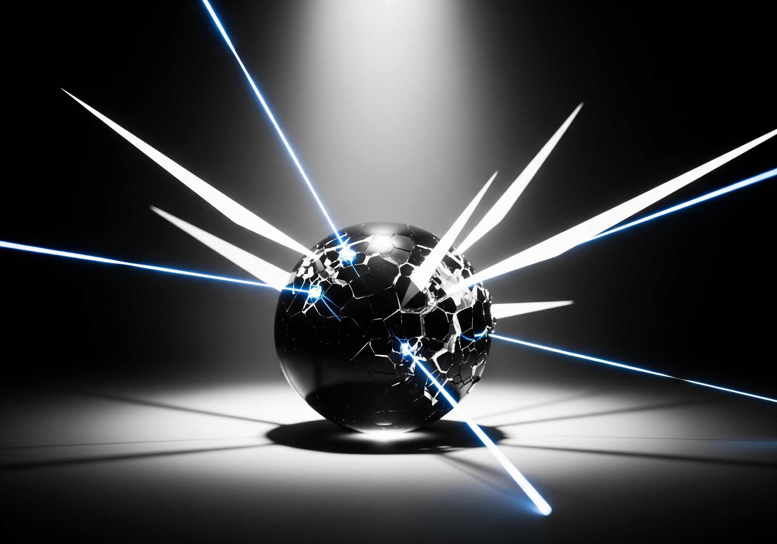 Shattered black sphere with glowing cracks and laser beams, symbolizing cosmetic treatment myths.