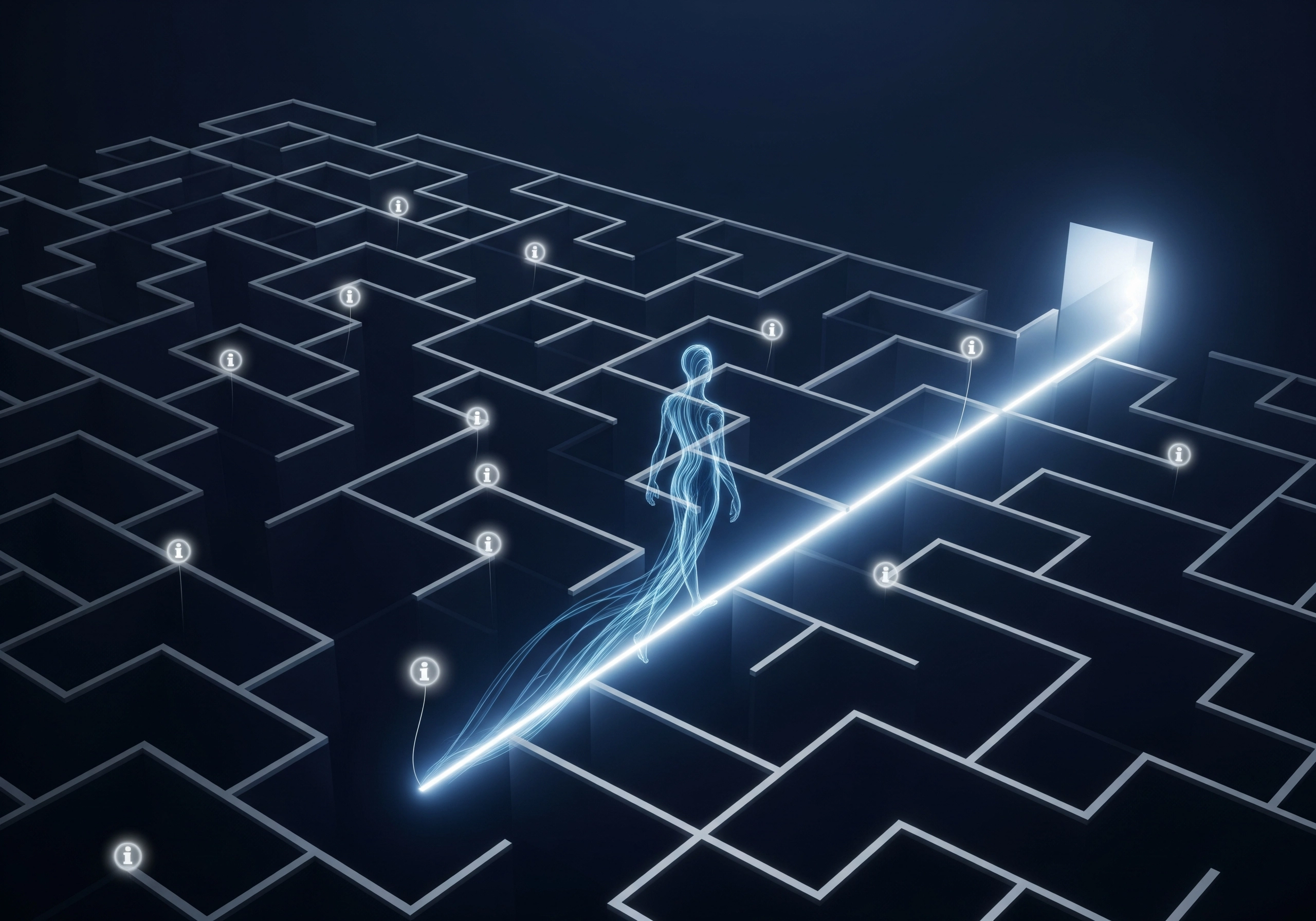 Figure navigating a maze toward a bright door, representing finding truth about skin care debunked.