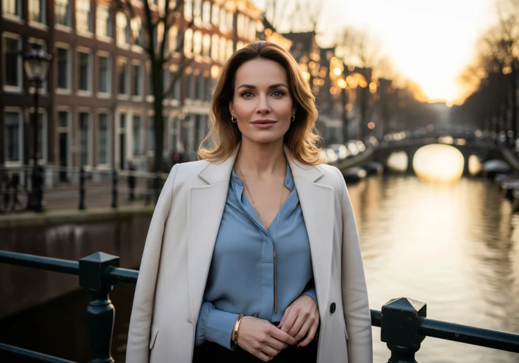 Woman in Amsterdam with canal view, representing beauty salon services in Amsterdam.