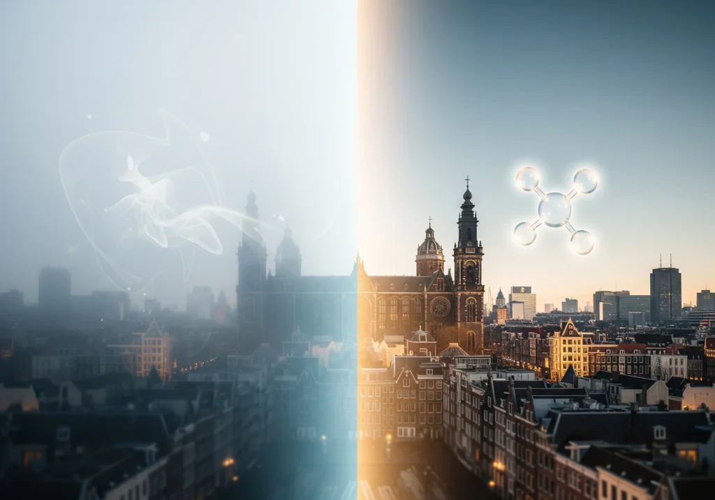 Amsterdam skyline split; one side clear, one side smoky, representing carbon peel clarity.