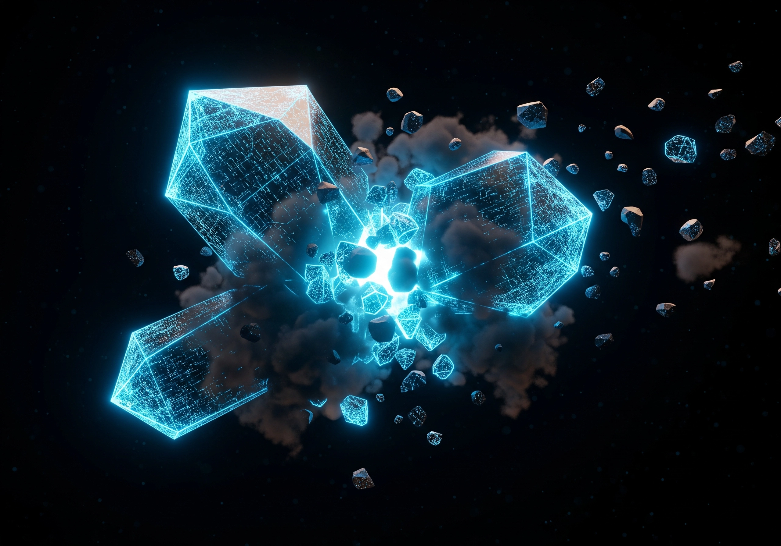 Abstract glowing blue crystal formation with surrounding smoke.