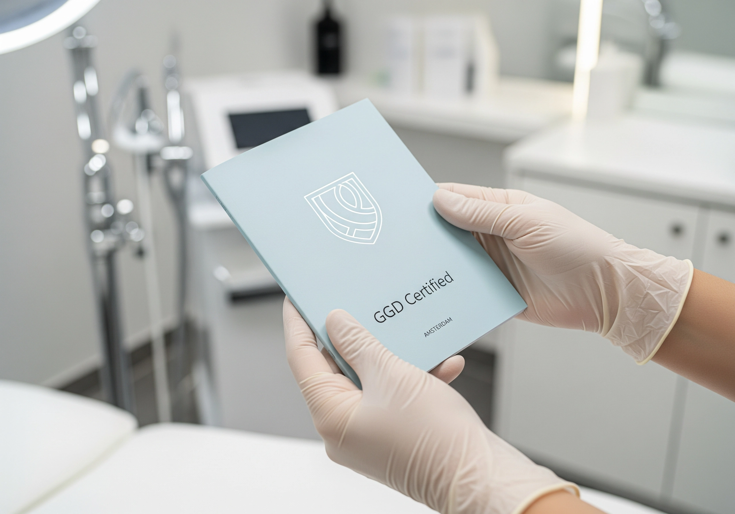 Hands in gloves holding GGD Certified booklet in an Amsterdam beauty salon.