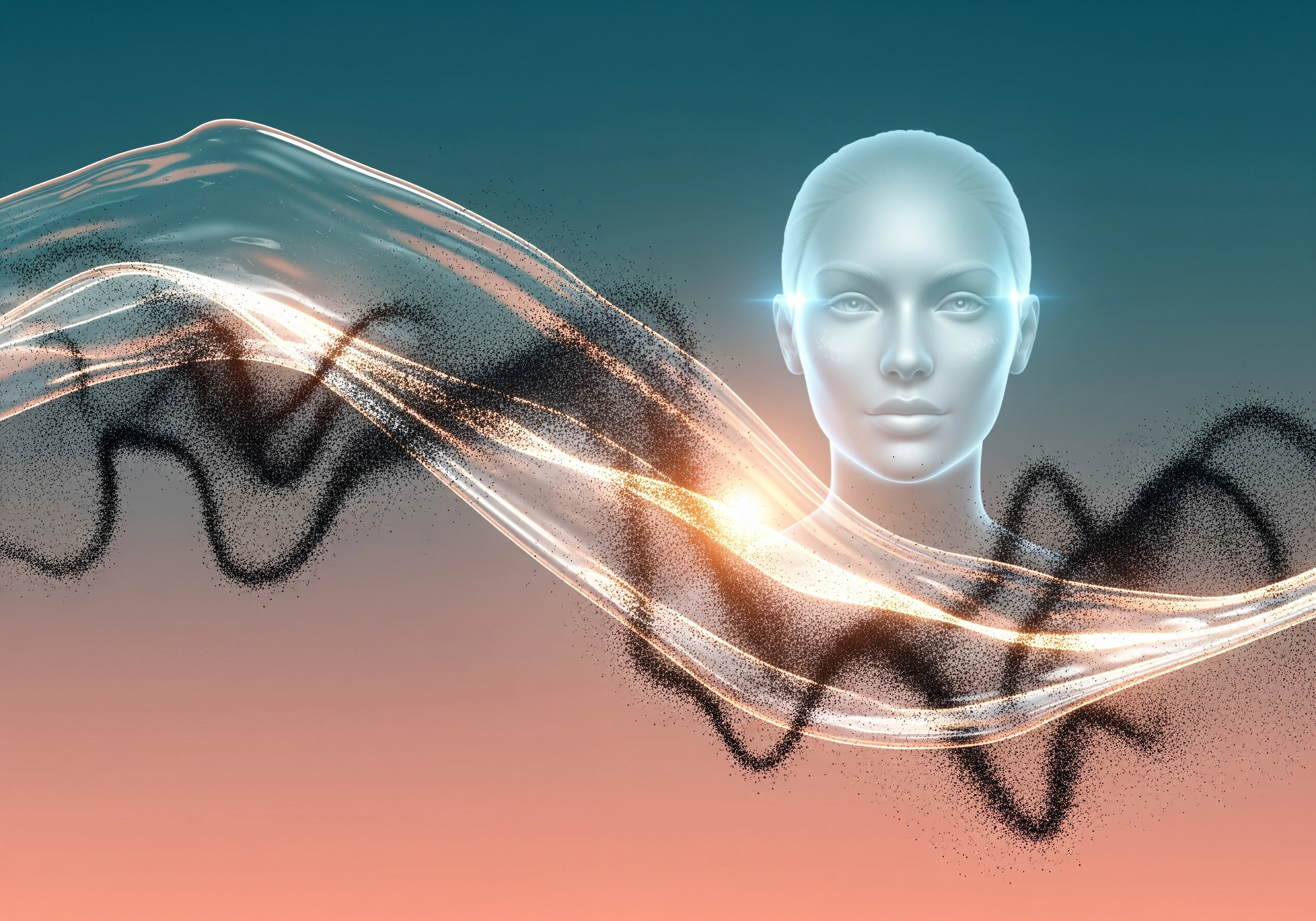 Abstract digital art of a woman with flowing light and dark particles.