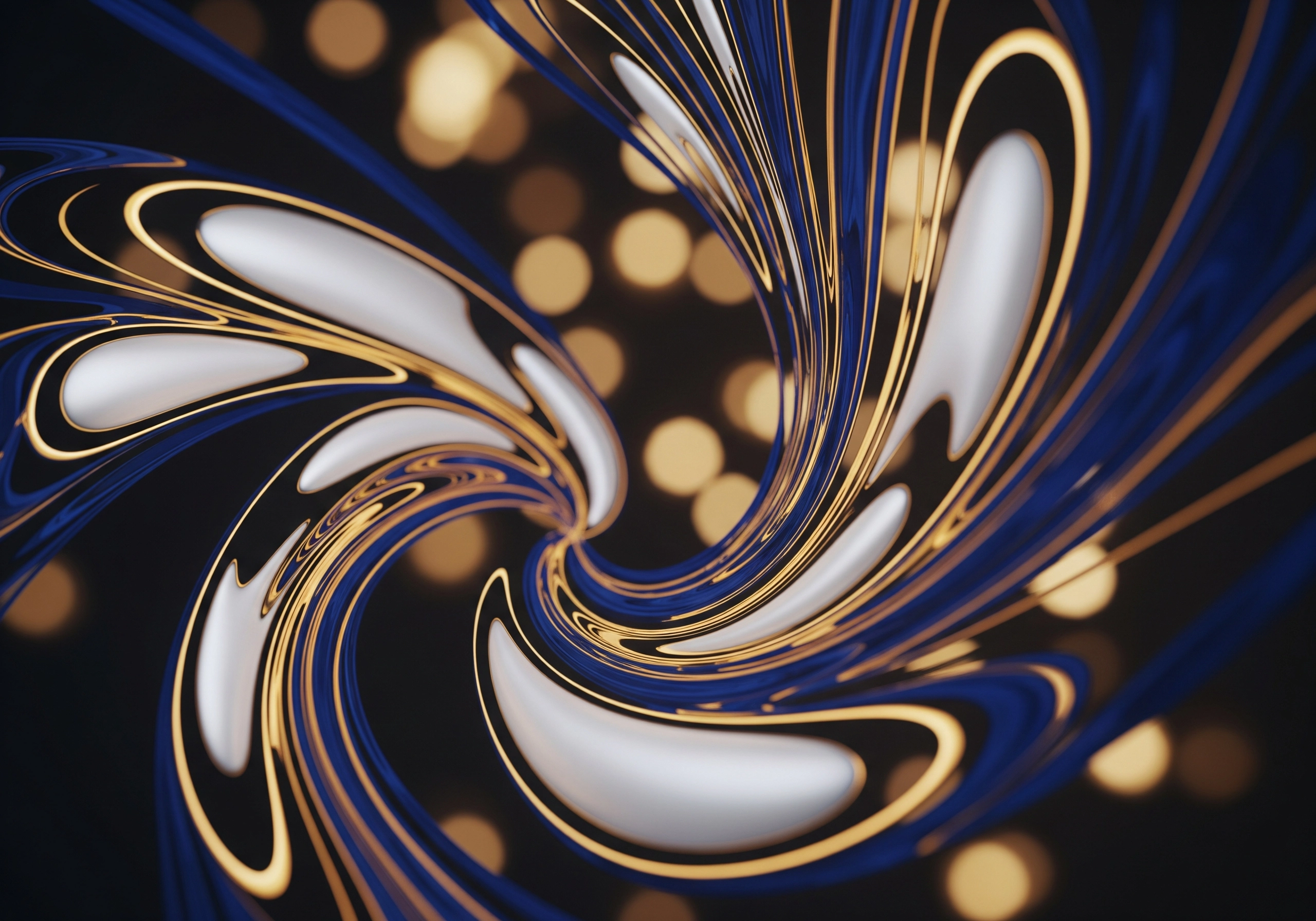 Abstract swirl of blue, gold, and white lines on a bokeh background.