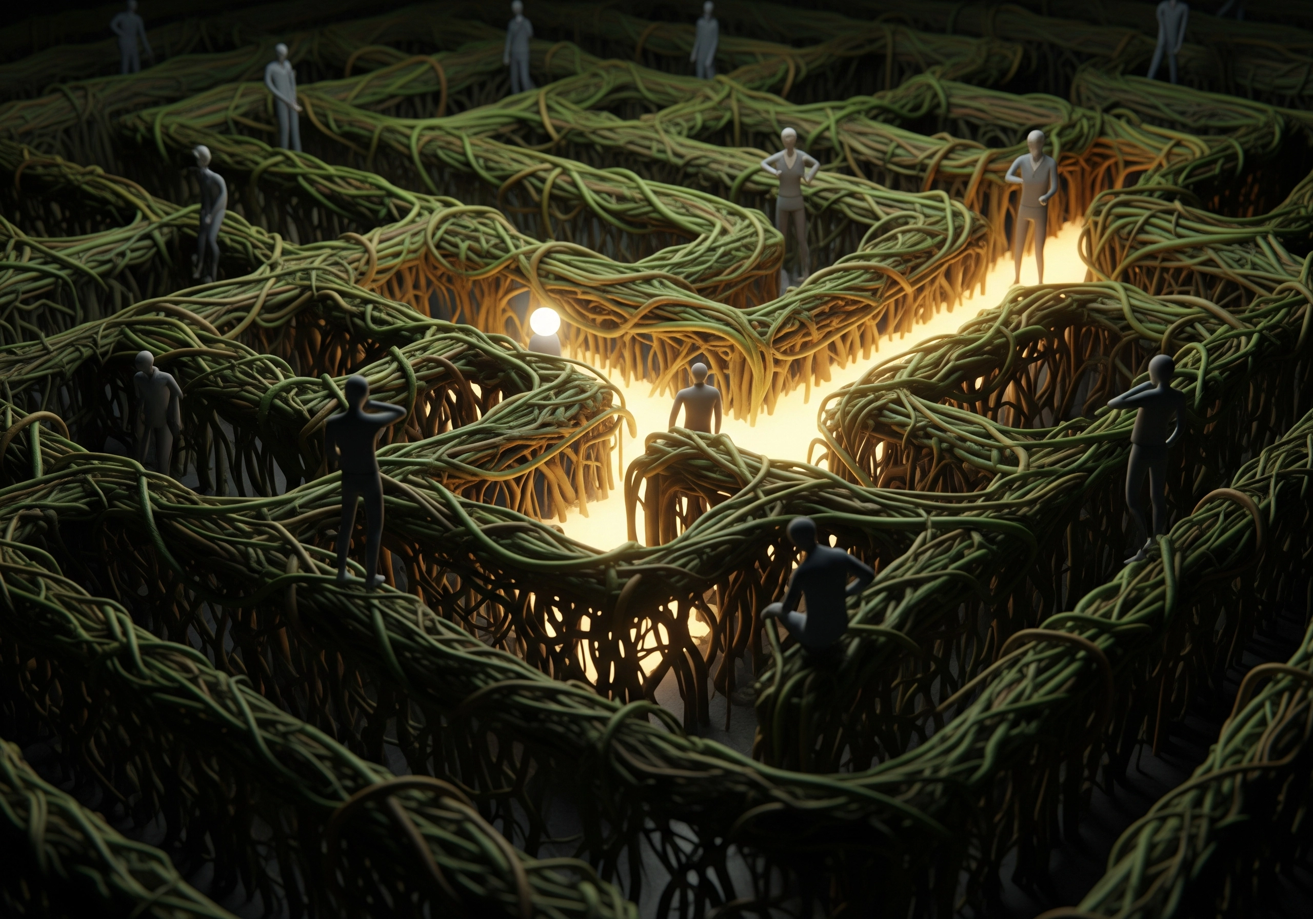 Figures navigating a tangled maze towards a light, symbolizing choosing a beauty salon in Amsterdam.