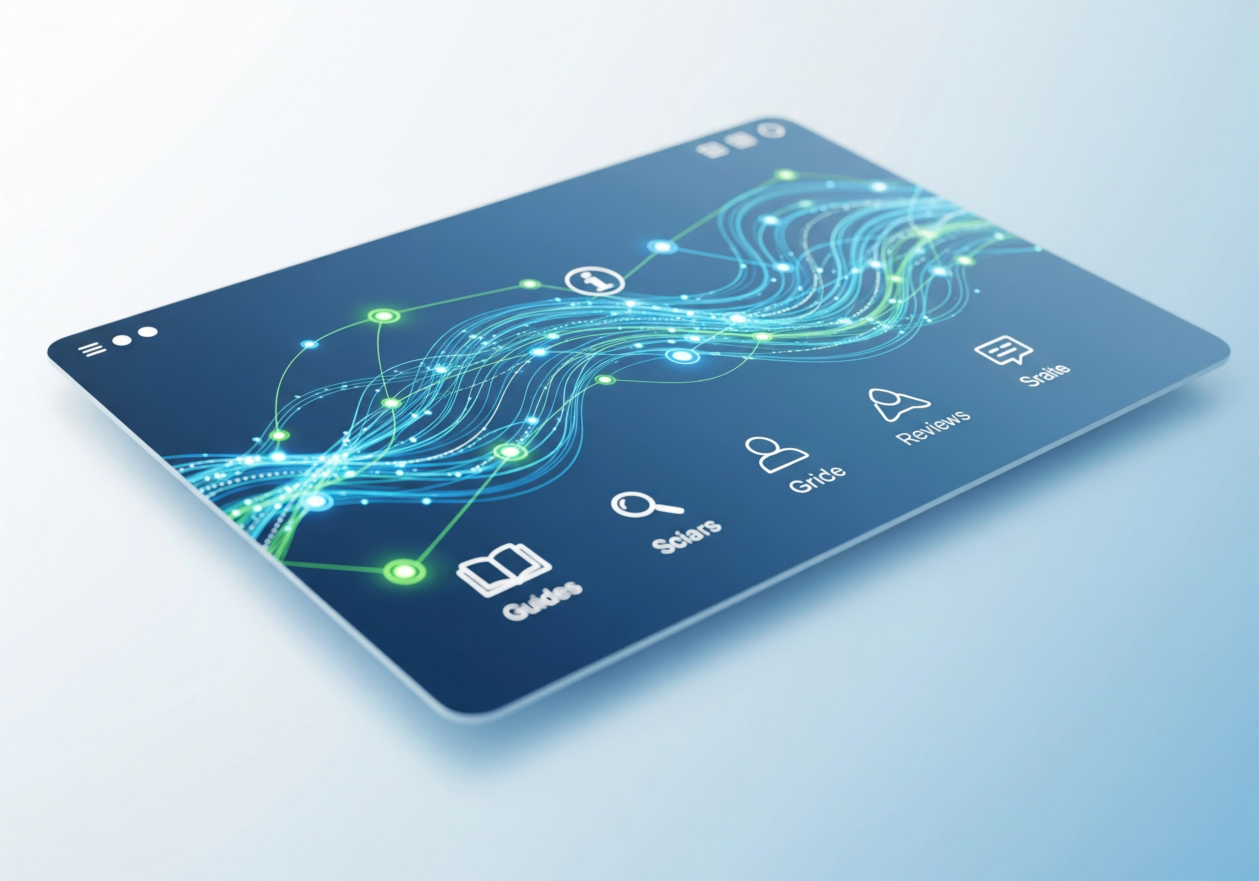 Tablet displaying a user interface with icons for guides, reviews, and search, for local beauty services.