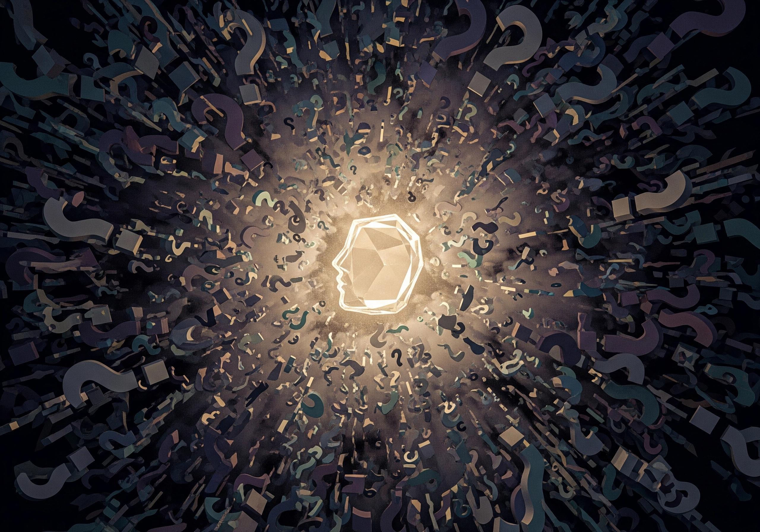 Abstract head silhouette surrounded by question marks, representing Amsterdam skin care myths.