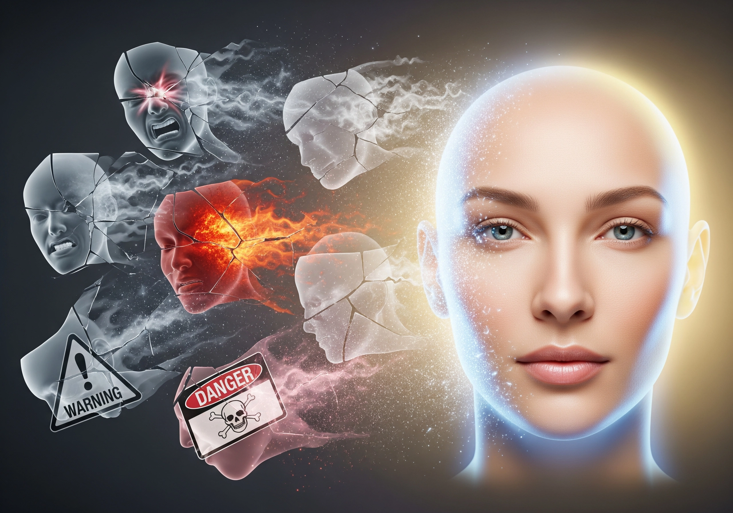 Carbon peeling risks: Woman's face transforming, shedding layers near danger warning signs.