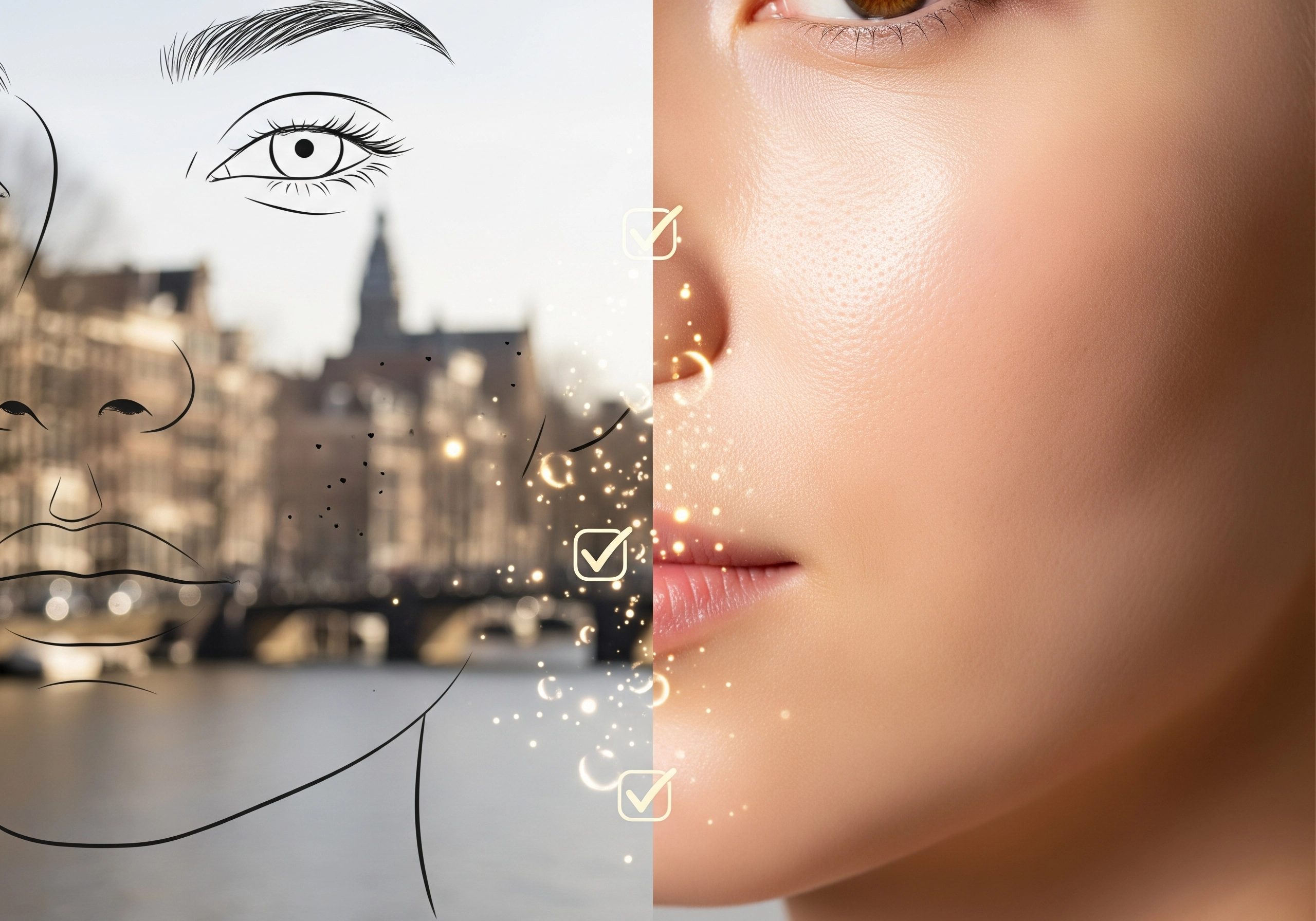 Woman's face with Amsterdam cityscape, showing possible benefits after carbon peel treatment.