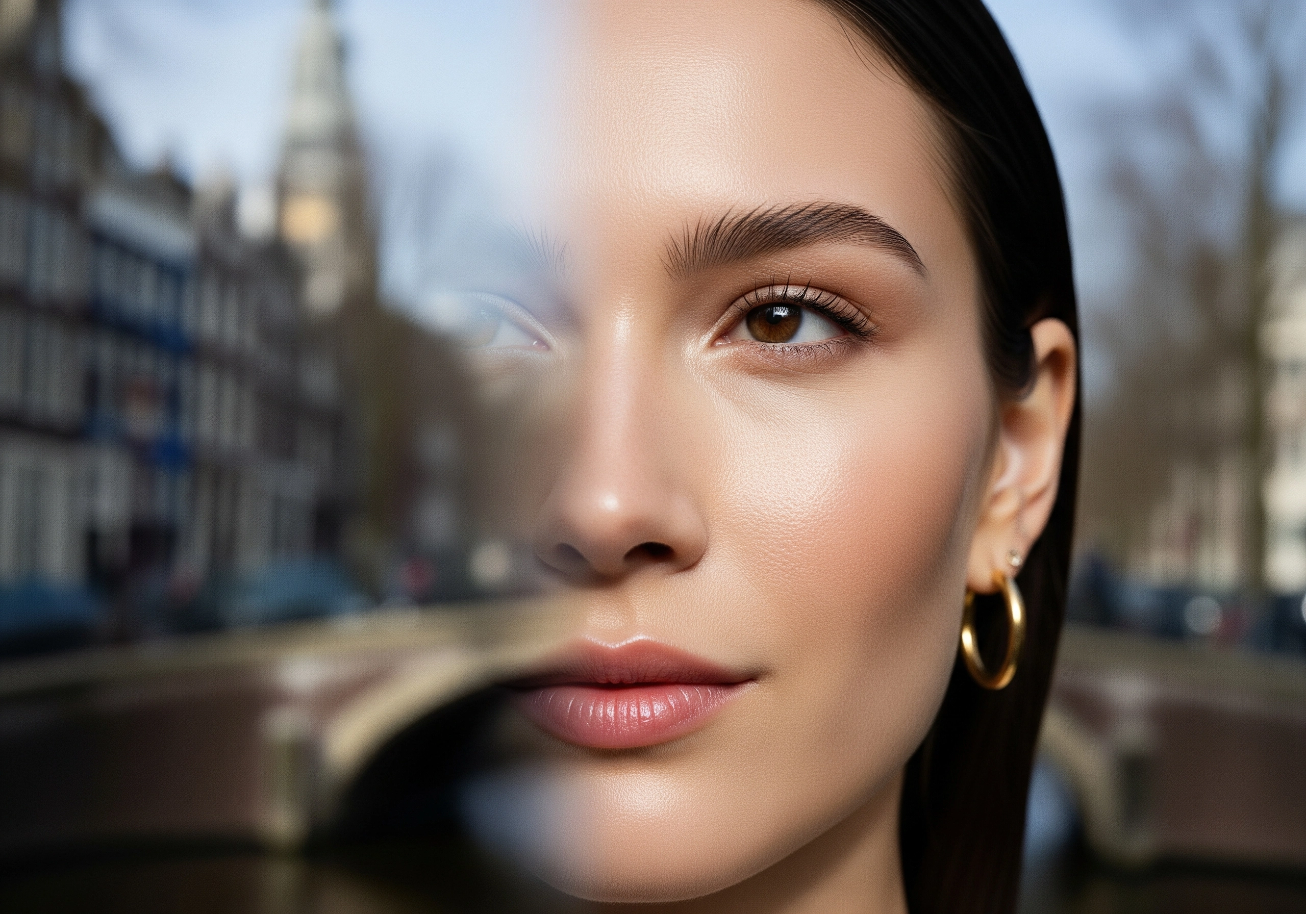Close-up of a woman's face with Amsterdam canal in background, showcasing beauty services.