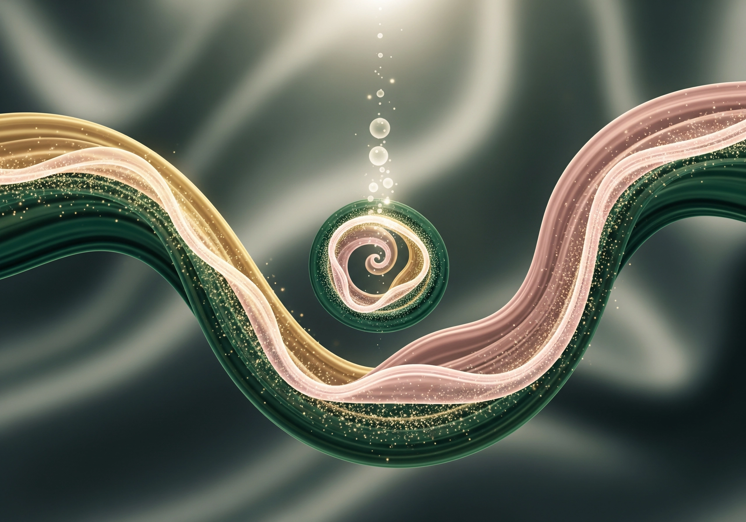 Abstract image of swirling green, pink, and gold lines with a central spiral.