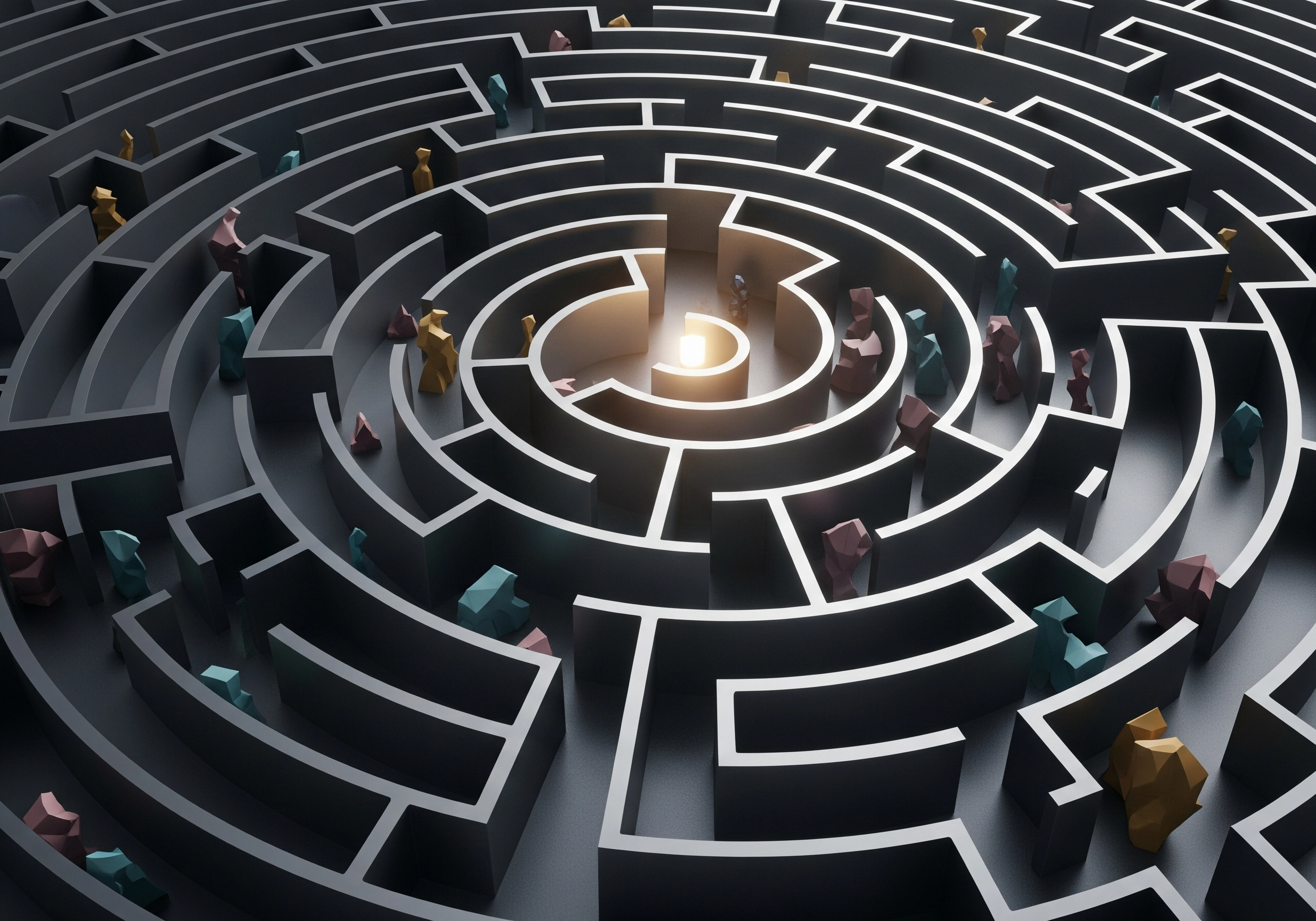 Overhead view of a circular maze with glowing center and colorful stones.