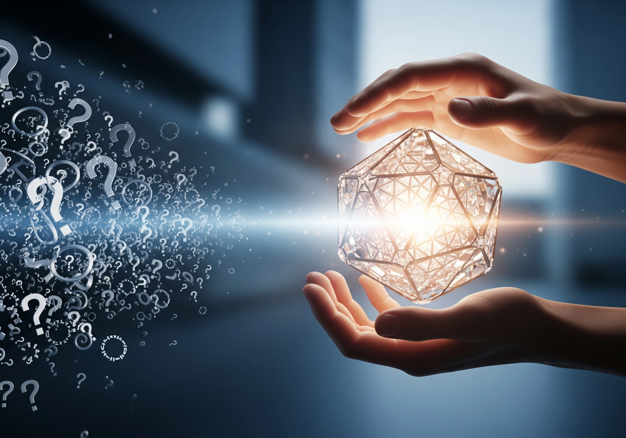 Hands holding a glowing icosahedron amidst question marks; debunking carbon peel myths.