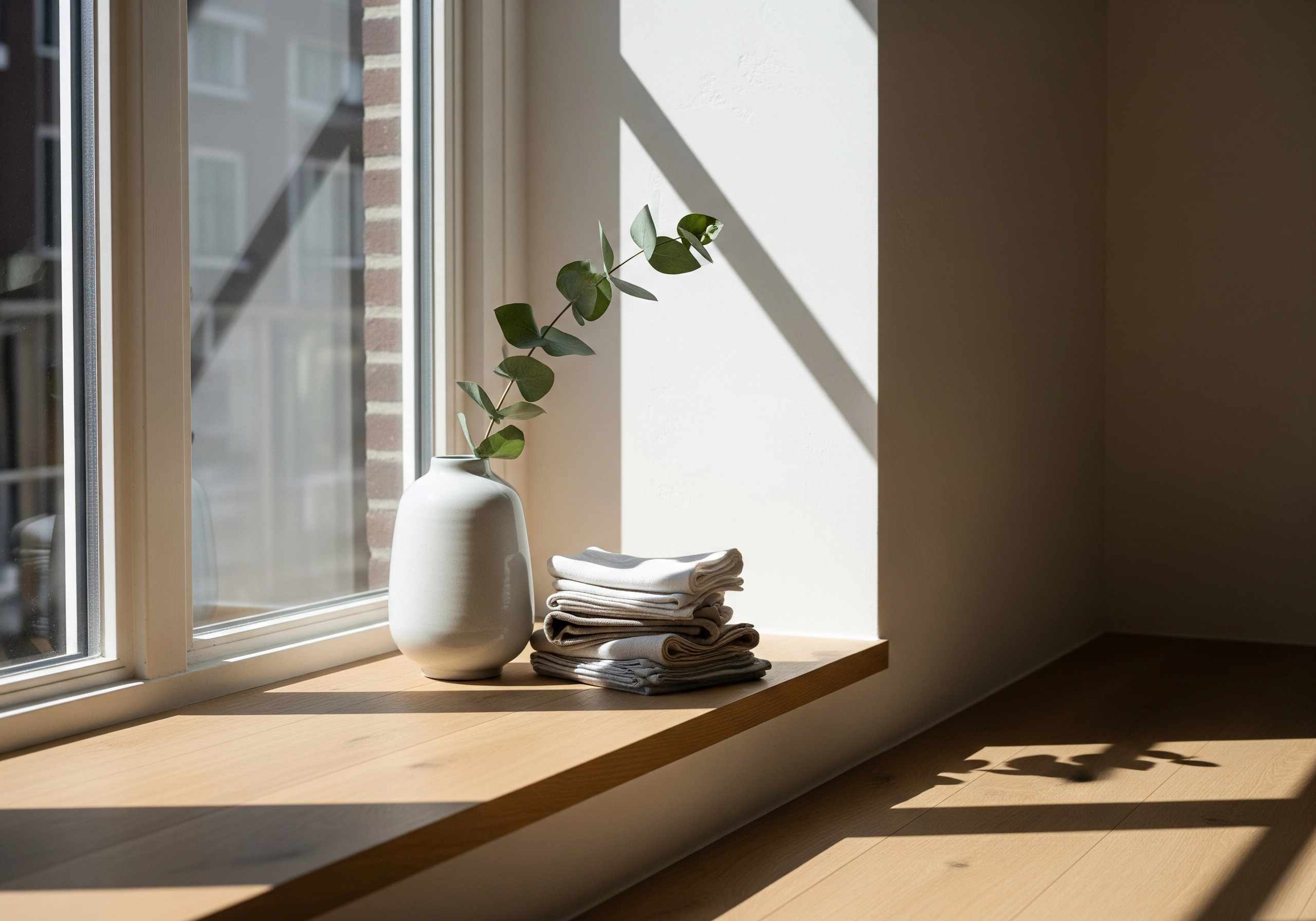 Eucalyptus branch in vase by window with neatly folded towels.